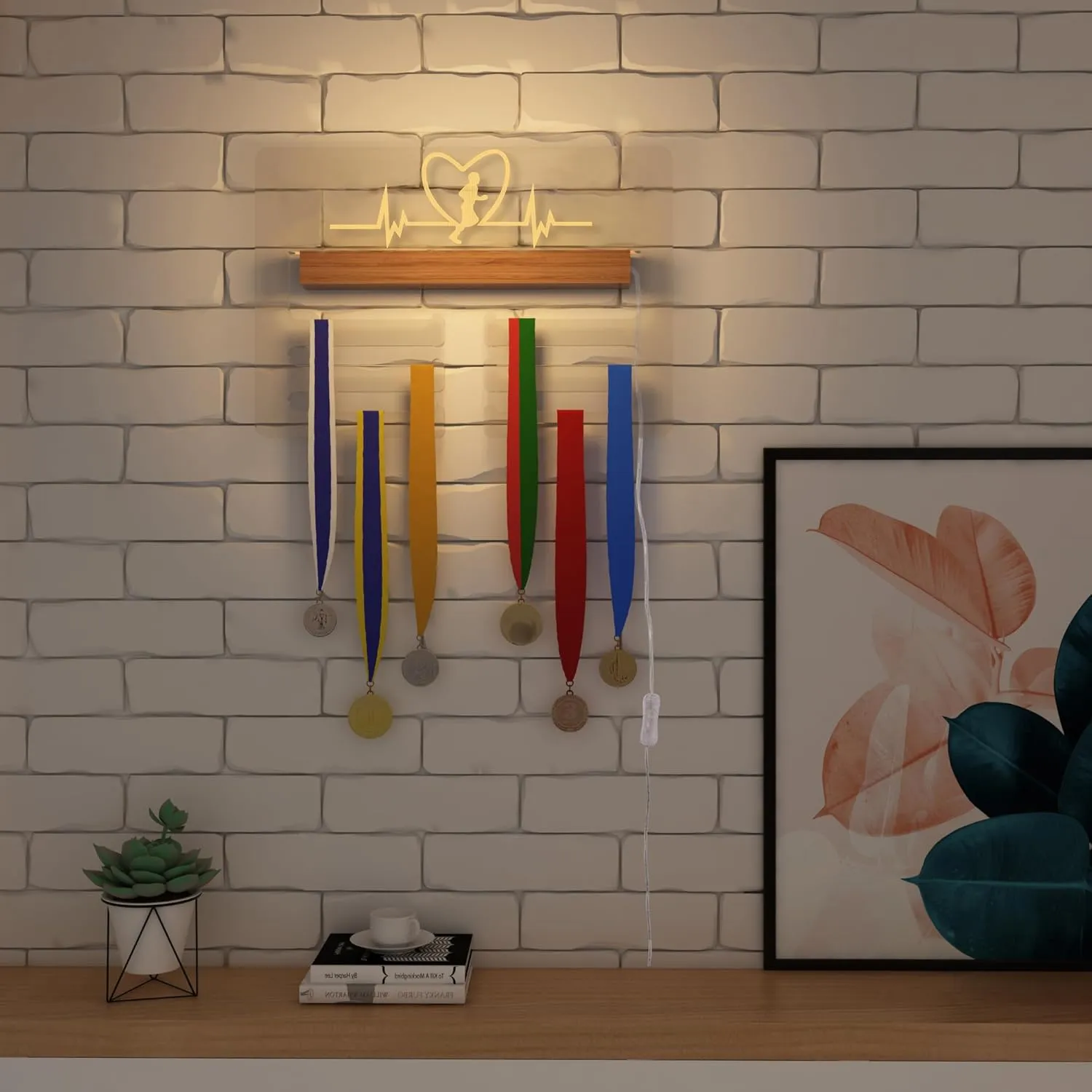 Ammonite Light up Medal Hanger Display, Holder Rack for Awards or Ribbons, Sports Themed Ribbon Holder for Wall, Tiered Award Rack