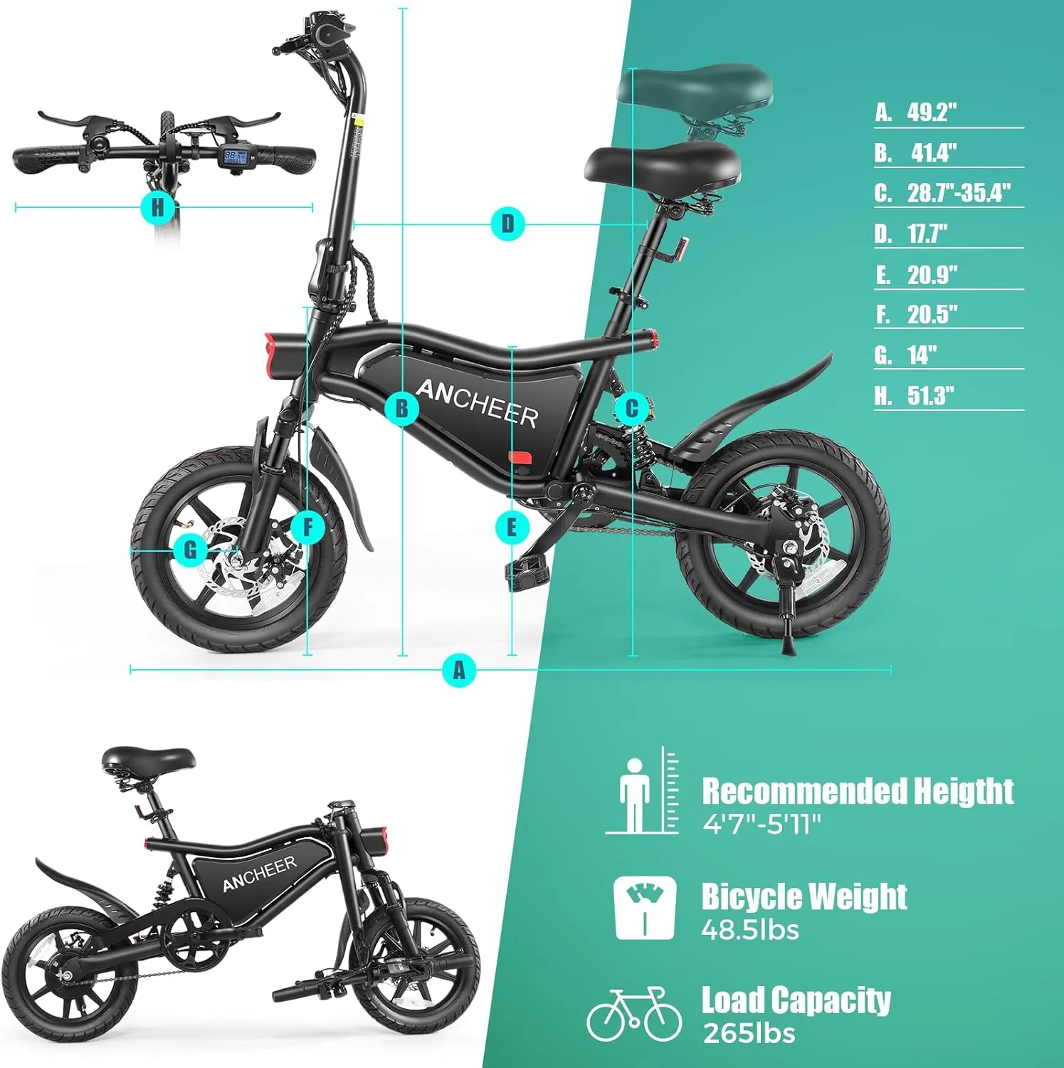 ANCHEER Folding Electric Bike for Adults, 374Wh Ebike, 20MPH Electric Bikes, 14" Foldable Electric Bicycle, 20-50 Miles Electric Bikes, E Bike, LCD Display, Dual Suspension, UL 2849 Certified
