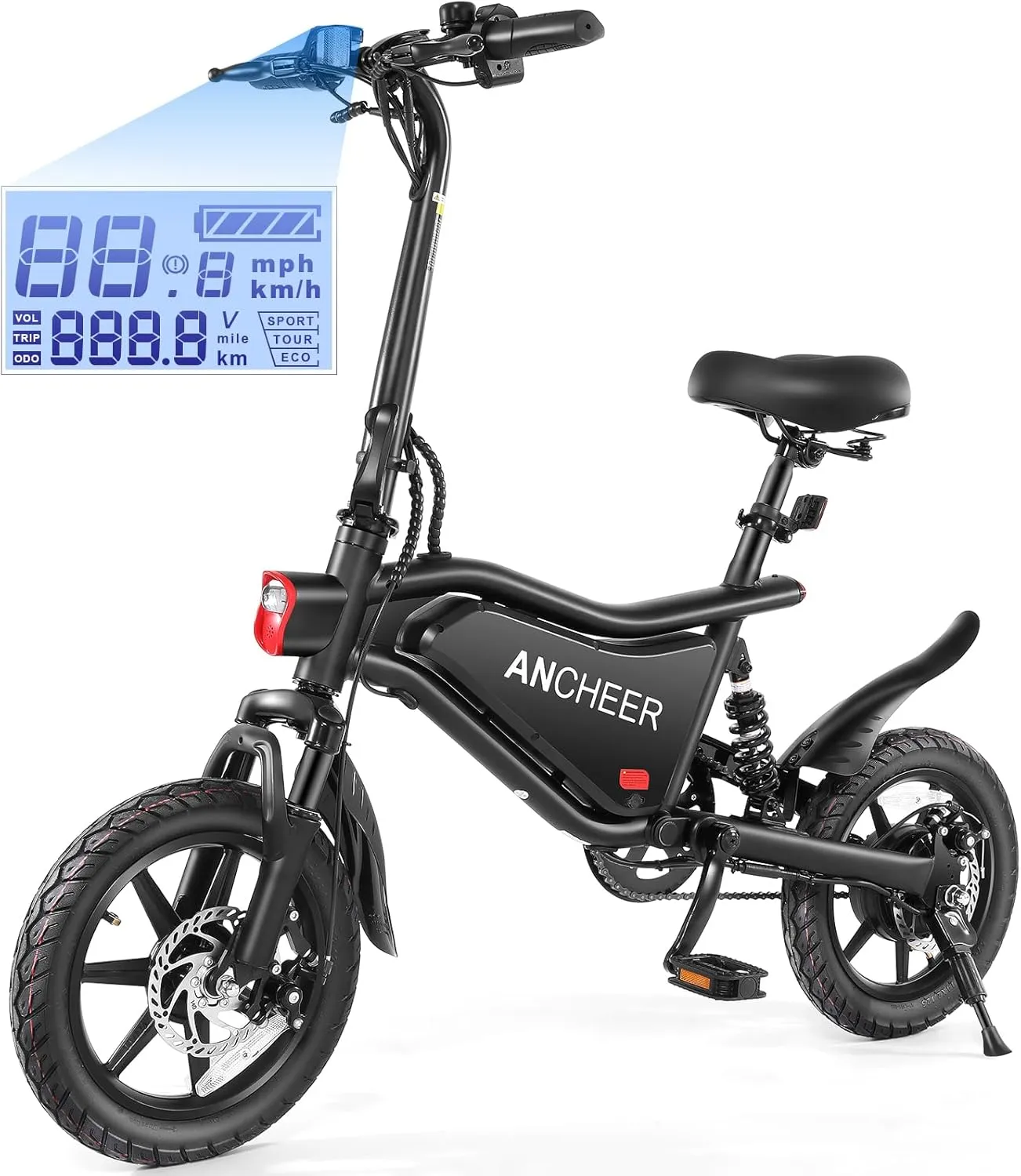 ANCHEER Folding Electric Bike for Adults, 374Wh Ebike, 20MPH Electric Bikes, 14" Foldable Electric Bicycle, 20-50 Miles Electric Bikes, E Bike, LCD Display, Dual Suspension, UL 2849 Certified