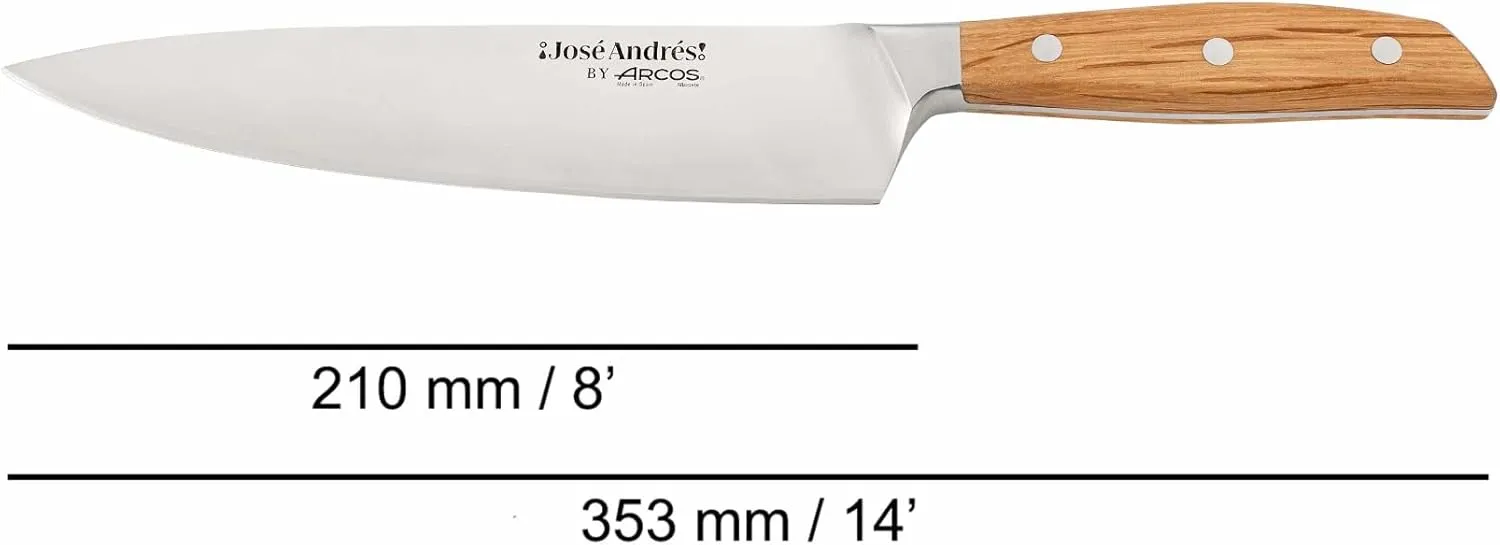 Arcos Jose Andres Chef Knife | 8-Inch Forged Knife for Professional Culinary Precision | NITRUM Stainless Steel Blade with Silk Edge | Ergonomic Light Brown Holm Oak Handle