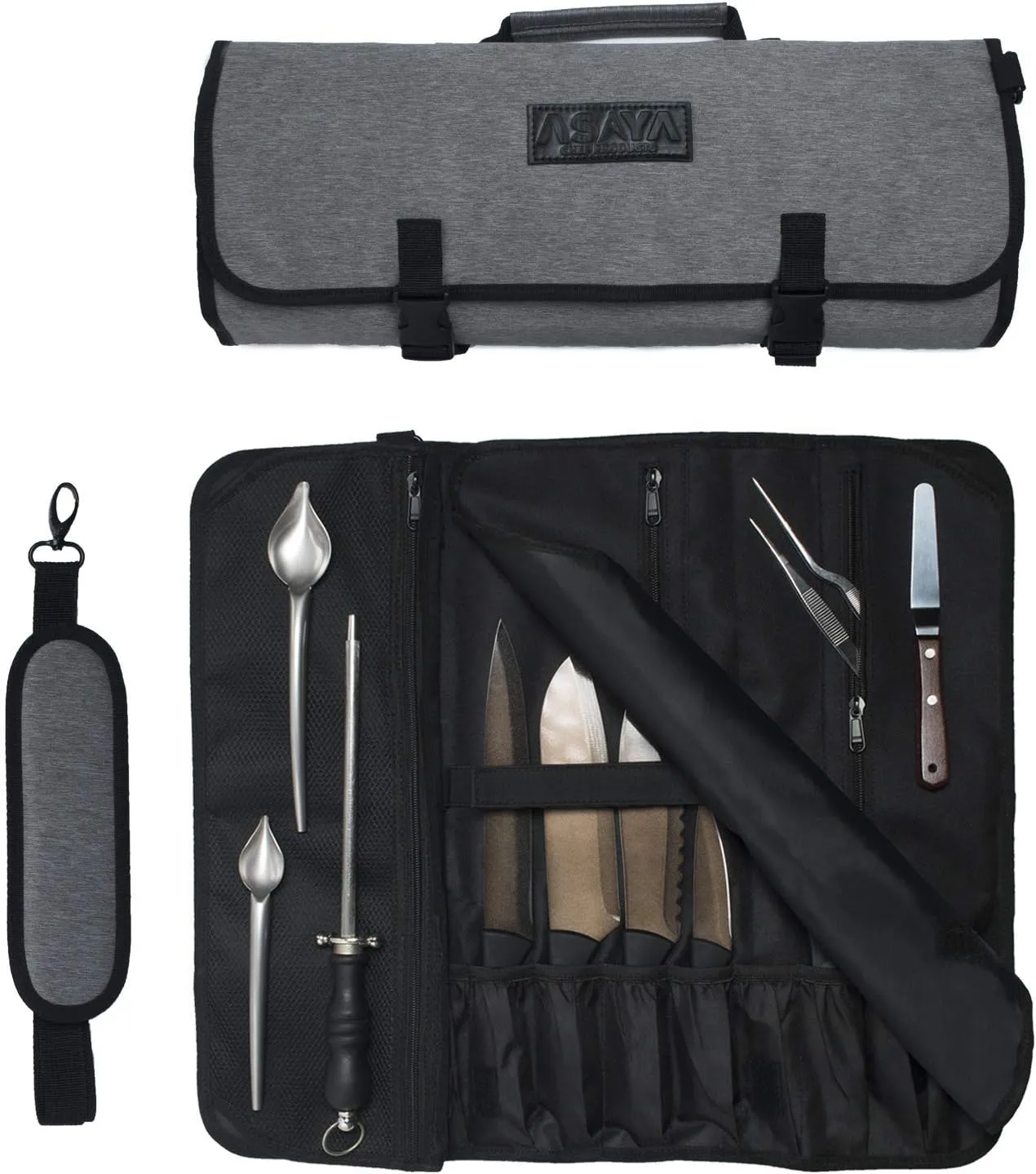 Asaya Chef Knife Roll Bag - 20 Total Pockets for Knives and Kitchen Utensils - Made with Stain Resistant Waxed Nylon - For Chefs and Culinary Students - Knives Not Included(Grey)