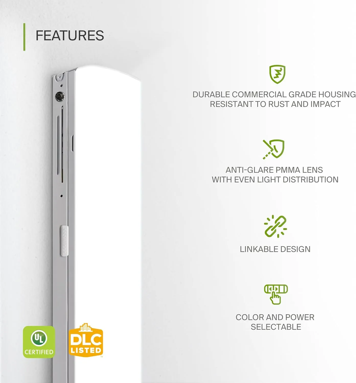 ASD 2ft LED Linear Strip Light Fixture with Emergency Battery Backup & Q-Base | 15W-25W 120-277V 3500K-5000K Adjustable Linkable LED Shop Light | UL DLC Stairwell Certified Luminaire