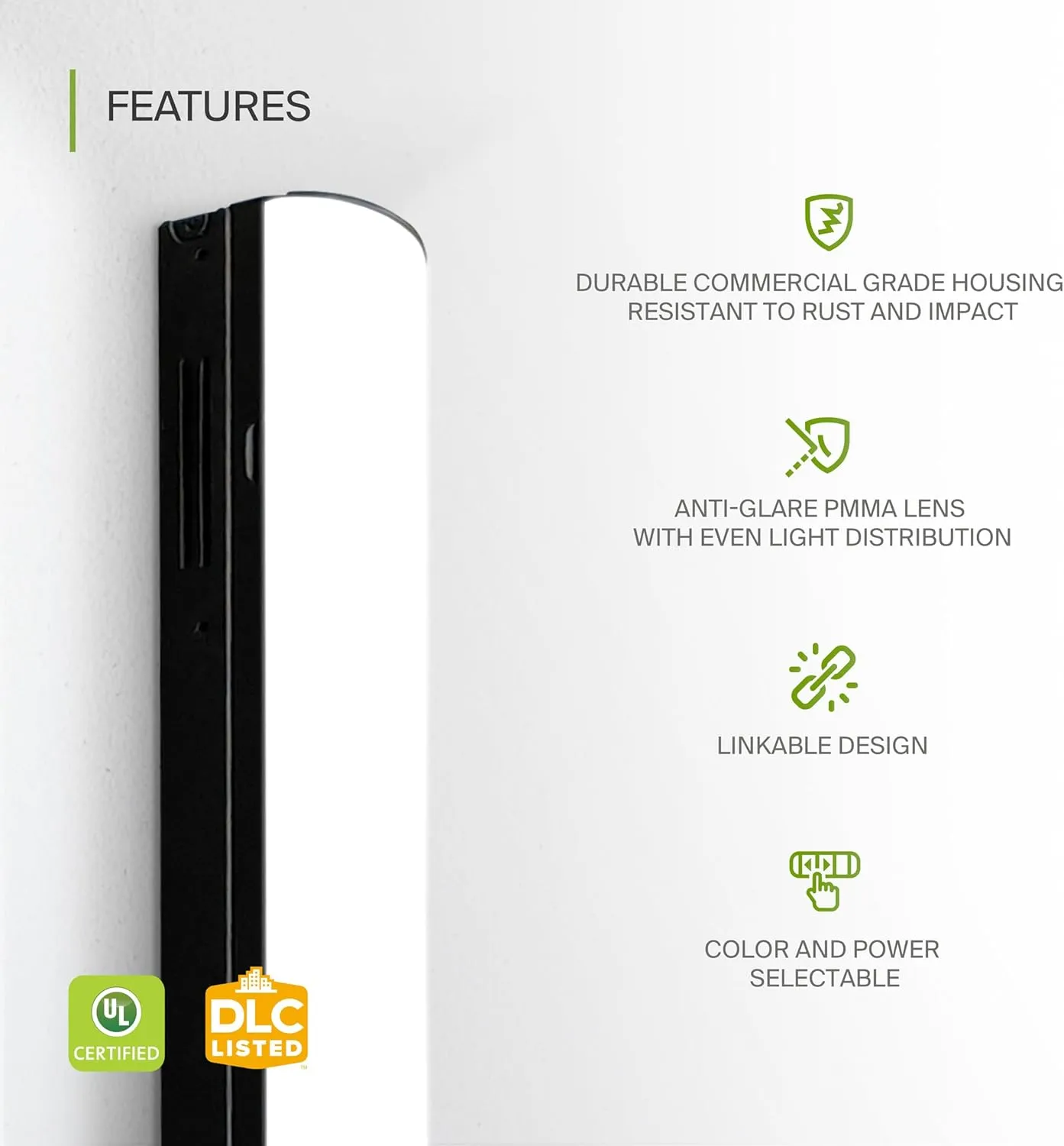 ASD Black 4ft LED Linear Strip Light Fixture with Q-Base | UL DLC Stairwell Certified Luminaire 25W-40W 120-277V Linkable LED Shop Light | 3500K-5000K Adjustable Commercial Ceiling Light Fixture
