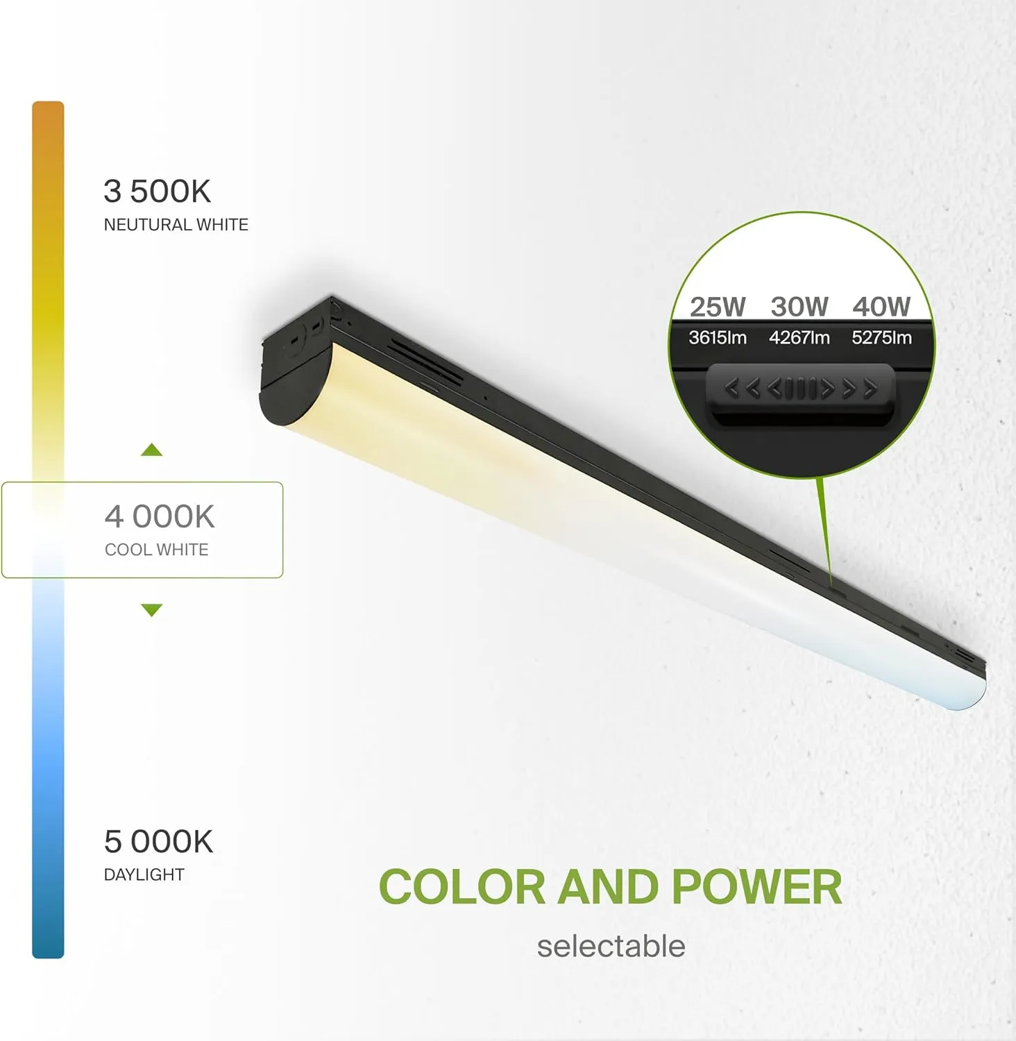 ASD Black 4ft LED Linear Strip Light Fixture with Q-Base | UL DLC Stairwell Certified Luminaire 25W-40W 120-277V Linkable LED Shop Light | 3500K-5000K Adjustable Commercial Ceiling Light Fixture