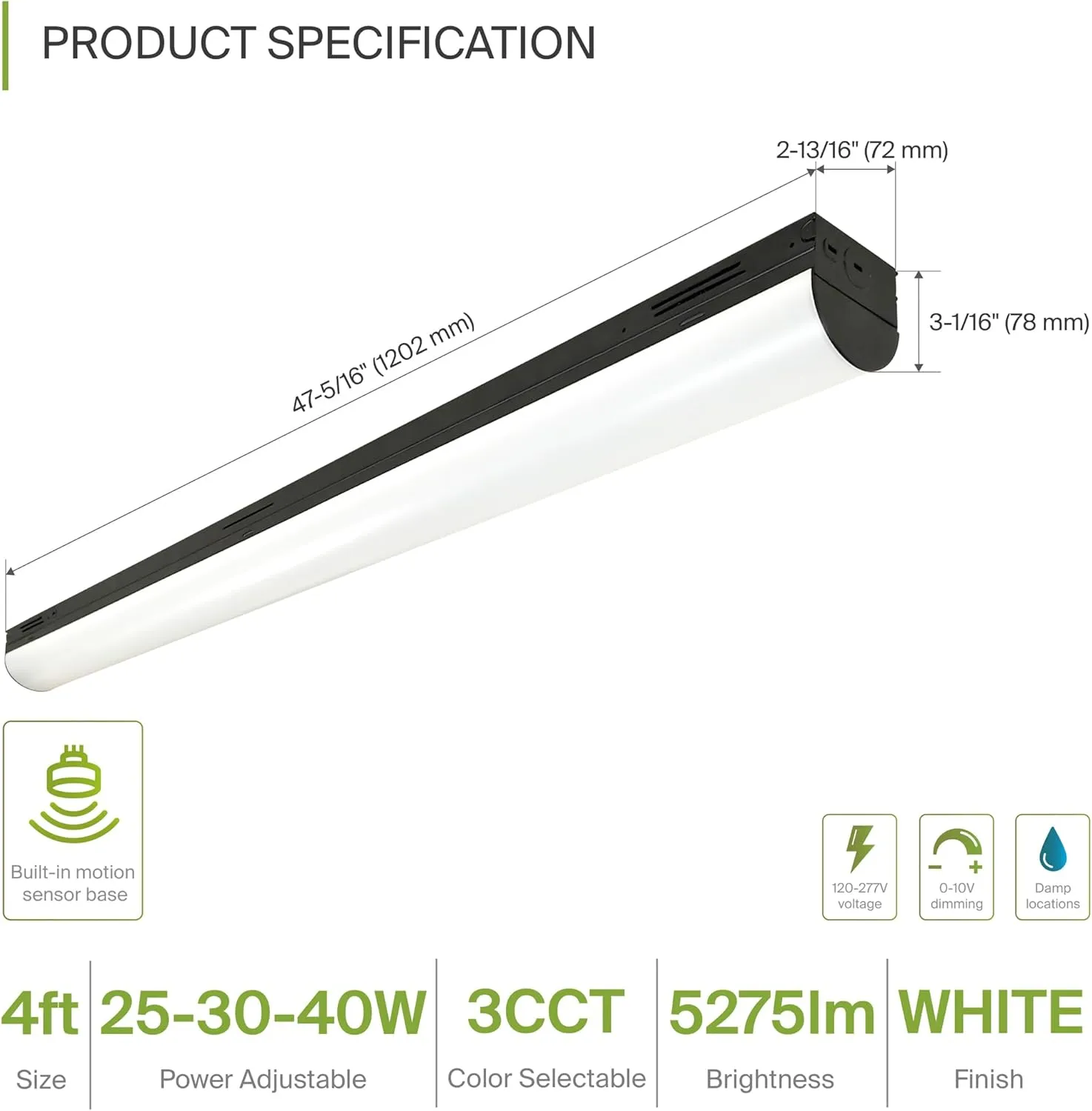 ASD Black 4ft LED Linear Strip Light Fixture with Q-Base | UL DLC Stairwell Certified Luminaire 25W-40W 120-277V Linkable LED Shop Light | 3500K-5000K Adjustable Commercial Ceiling Light Fixture