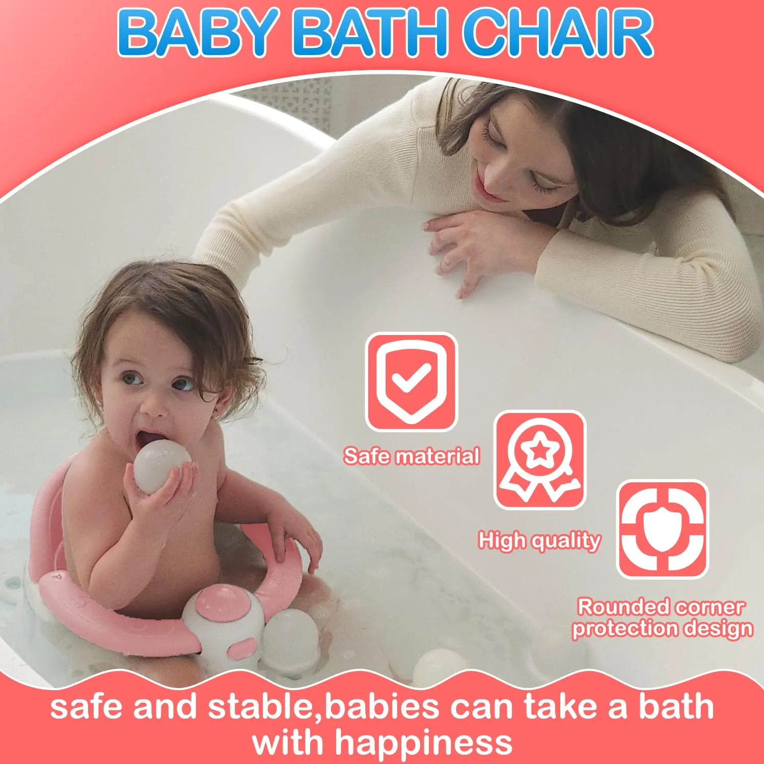 Baby Bath Seat, Bath Seat for Baby 6 Month & up, Baby Bath tub Seat with Suction Cups, Non-Slip, Detachable, Pink