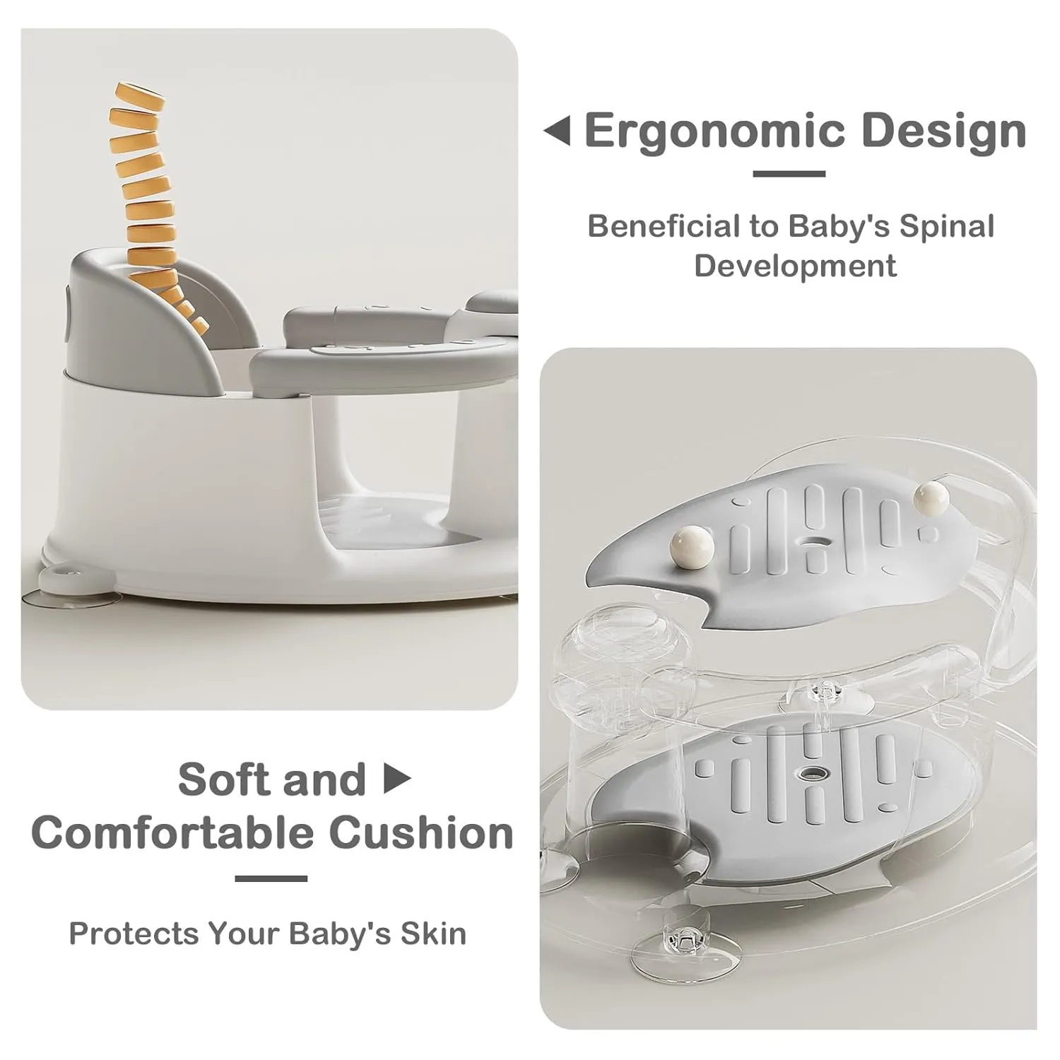 Baby Bath Seat for Babies 6 Months & up, Sure & Secure Suction Cups, Non-Slip Baby Bath Seat, Detachable, Safe & Comfortable Baby Bath Support, Sit Up Bath Seat for Baby, Grey