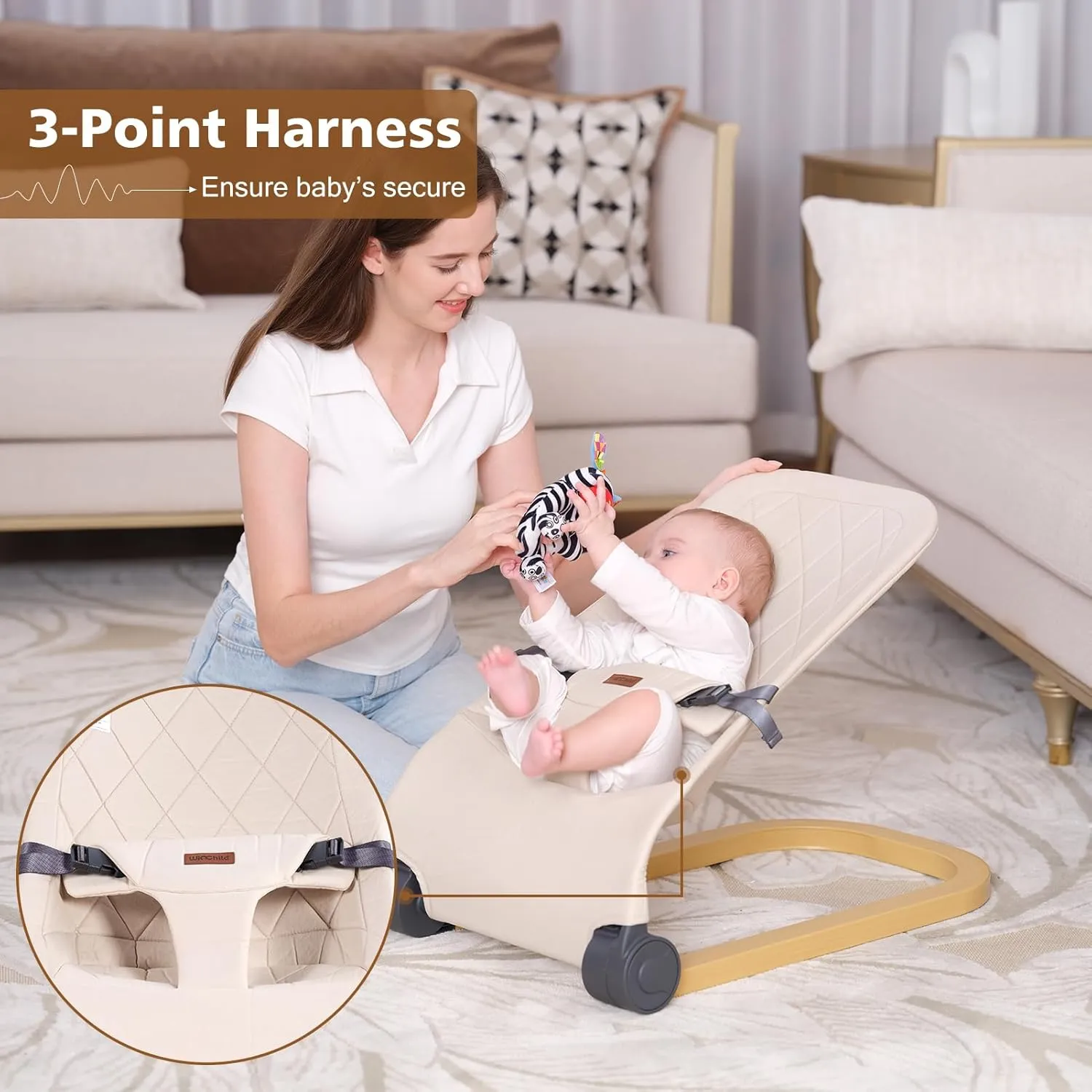 Baby Bouncer,Portable Baby Bouncer Seat & Foldable with 3 Height Adjustments, Ergonomic Bouncer for Babies 0-6 Months, Wood Grain Style, Natural Vibrations, Includes Storage Bag (Beige)
