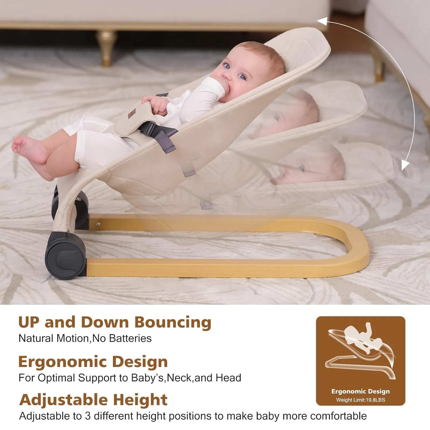 Baby Bouncer,Portable Baby Bouncer Seat & Foldable with 3 Height Adjustments, Ergonomic Bouncer for Babies 0-6 Months, Wood Grain Style, Natural Vibrations, Includes Storage Bag (Beige)