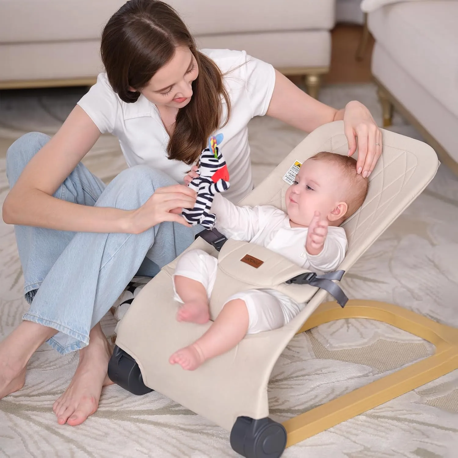 Baby Bouncer,Portable Baby Bouncer Seat & Foldable with 3 Height Adjustments, Ergonomic Bouncer for Babies 0-6 Months, Wood Grain Style, Natural Vibrations, Includes Storage Bag (Beige)