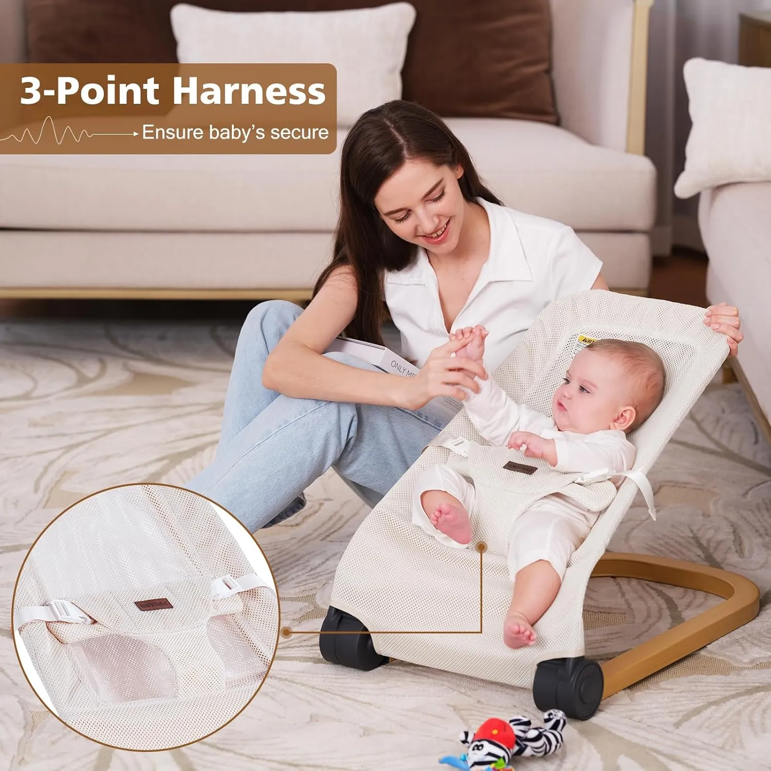 Baby Bouncer,Portable Baby Bouncer Seat & Foldable with 3 Height Adjustments, Ergonomic Bouncer for Babies 0-6 Months, Wood Grain Style, Natural Vibrations, Includes Storage Bag(Mesh Beige)