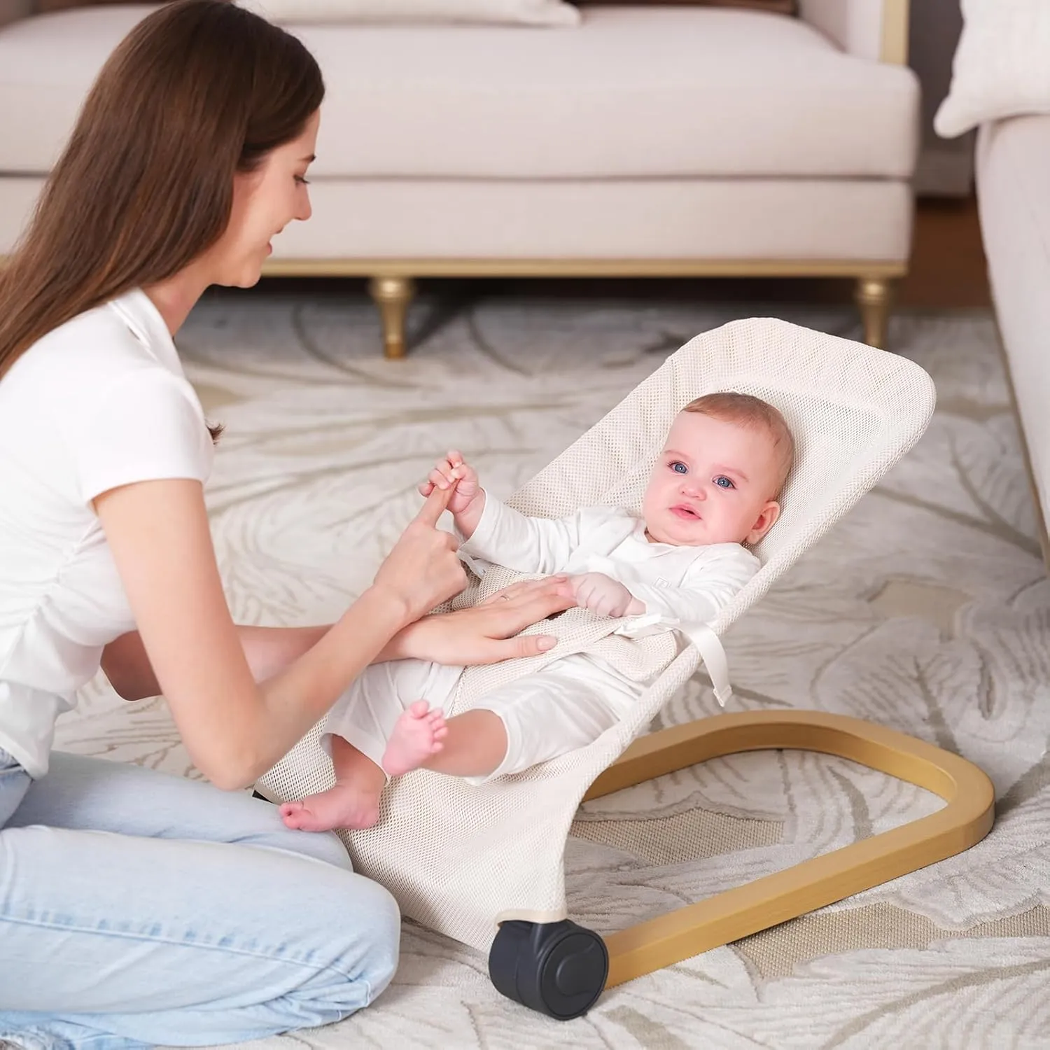 Baby Bouncer,Portable Baby Bouncer Seat & Foldable with 3 Height Adjustments, Ergonomic Bouncer for Babies 0-6 Months, Wood Grain Style, Natural Vibrations, Includes Storage Bag(Mesh Beige)