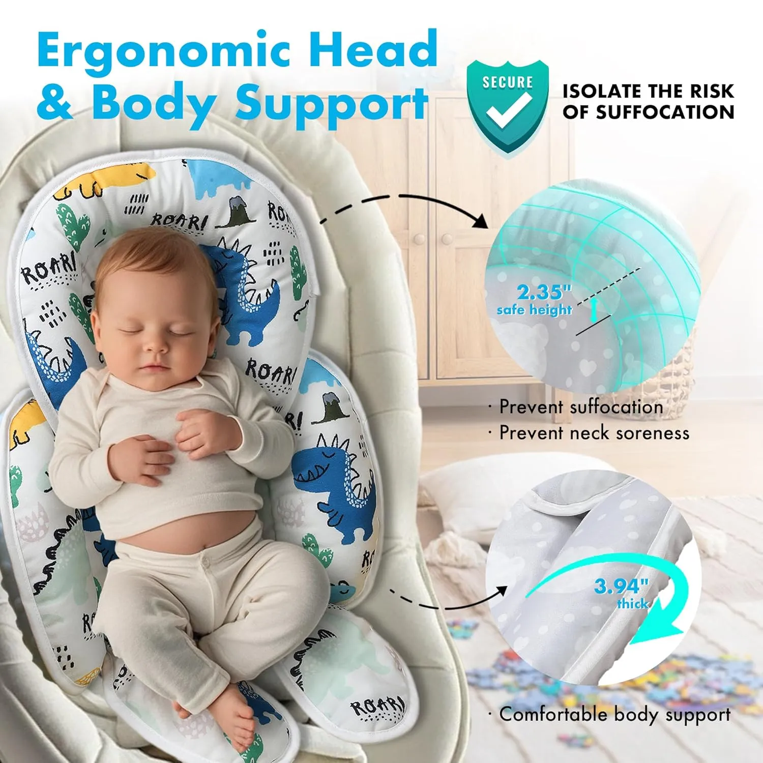 Baby Car seat Head Support, 2-in-1 Infant Car Seat Insert for Newborn Girls Boys Extra Soft Baby Support Pillow Cushion for Carseats, Strollers, Swings and Bouncers