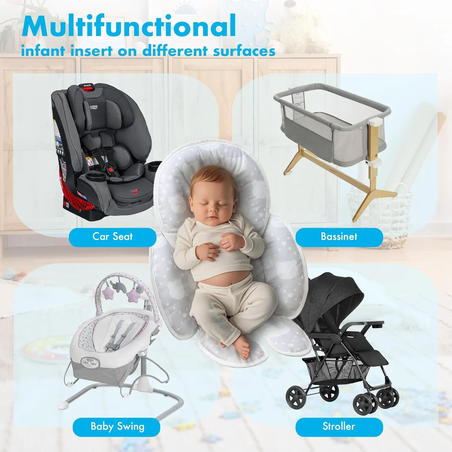 Baby Car seat Head Support, 2-in-1 Infant Car Seat Insert for Newborn Girls Boys Extra Soft Baby Support Pillow Cushion for Carseats, Strollers, Swings and Bouncers