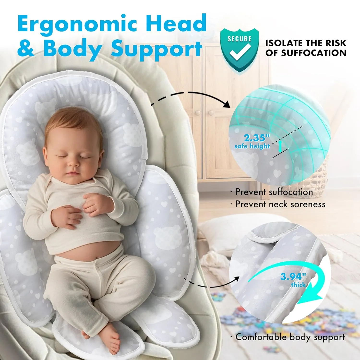 Baby Car seat Head Support, 2-in-1 Infant Car Seat Insert for Newborn Girls Boys Extra Soft Baby Support Pillow Cushion for Carseats, Strollers, Swings and Bouncers