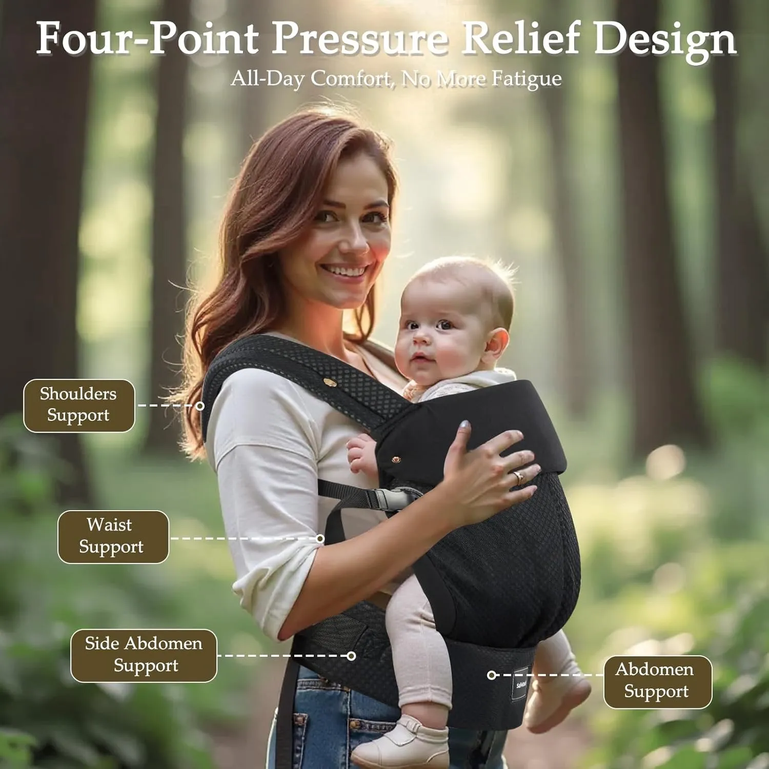 Baby Carrier with Lumbar Support, Ergonomic Infant Carrier Newborn to Toddler, Reversible Front Facing Baby Carrier with Hanging Ring, Easy Adjustable Toddler Holder for Mom Dad, Black