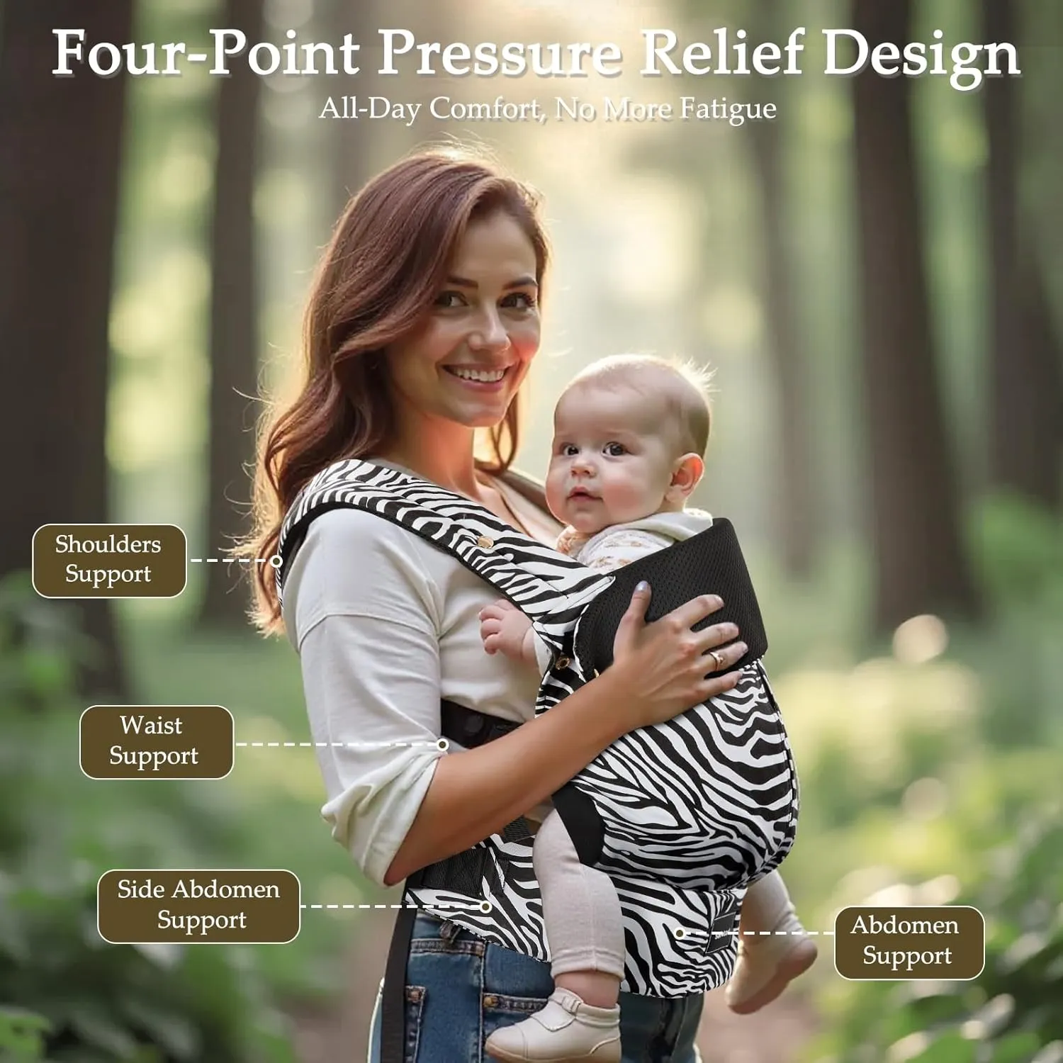 Baby Carrier with Lumbar Support, Ergonomic Infant Carrier Newborn to Toddler, Reversible Front Facing Baby Carrier with Hanging Ring, Easy Adjustable Toddler Holder for Mom Dad, Zebra