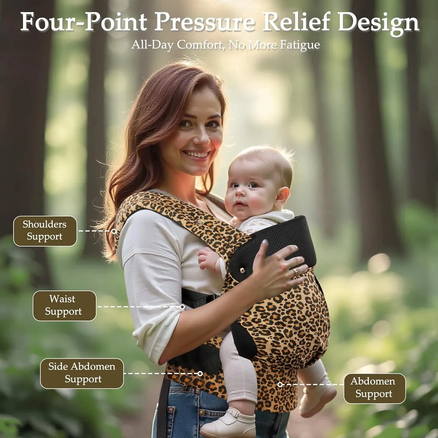 Baby Carrier with Lumbar Support, Ergonomic Infant Carrier Newborn to Toddler,Reversible Front Facing Baby Carrier with Hanging Ring,Easy Adjustable Toddler Holder Carrier for Mom Dad, Leopard