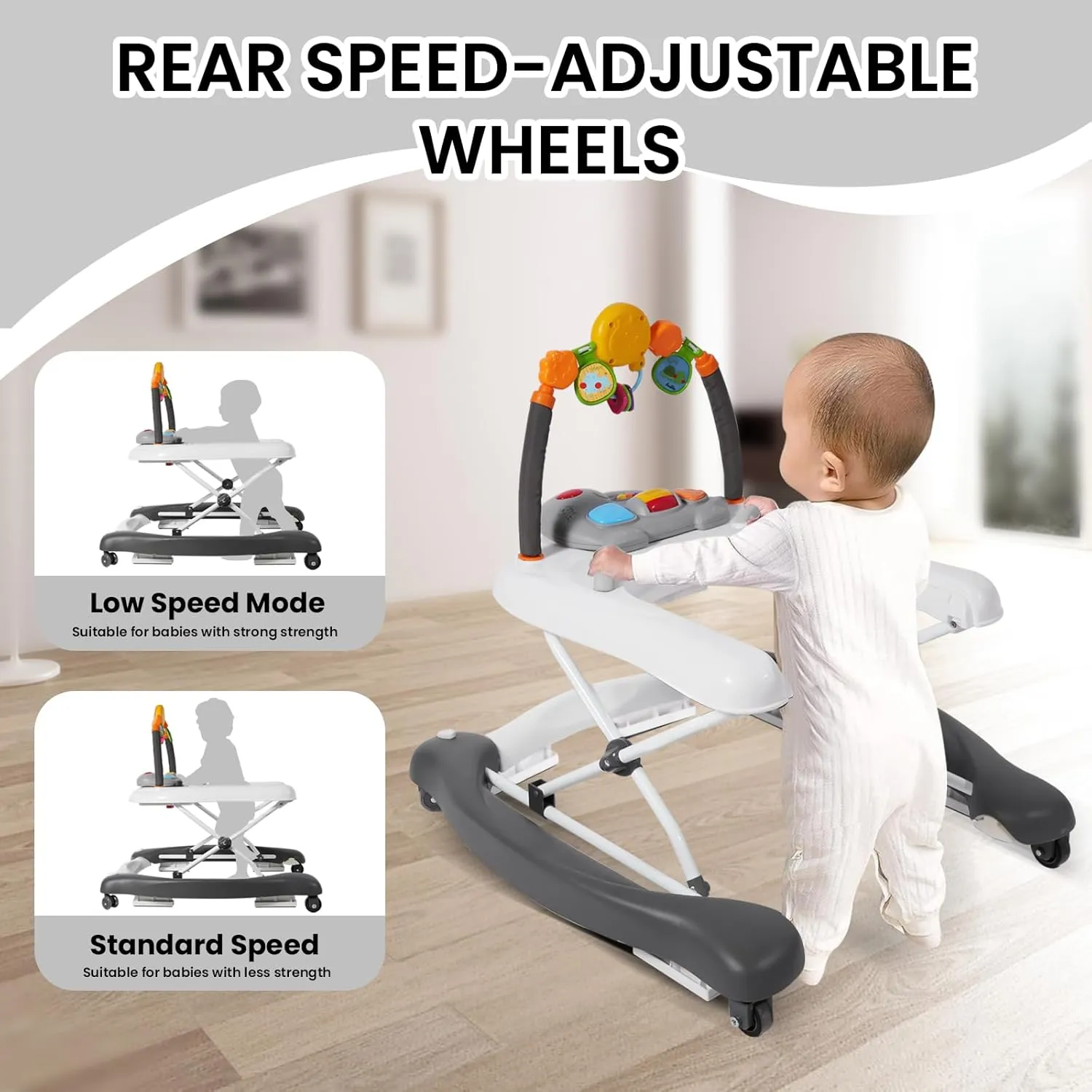 Baby Walker, 5-in-1 Baby Walkers for Boys and Girls 6-12 Months with Bouncer, Removable Footrest, Feeding Tray & Music, Foldable & Adjustable Activity Walker for 6-18 Months Toddler Infant