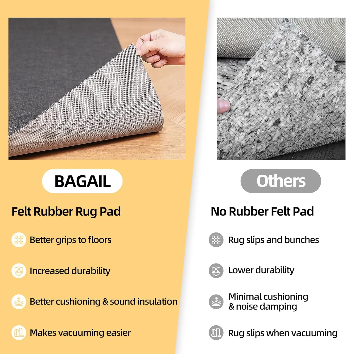 BAGAIL Felt and Natural Rubber Backing Rug Pads 1/4” Thick, 5 x 7 Ft Non Slip Carpet Gripper Keep Rugs in Place, Under Area Rug Protective Cushioned Pads, Carpet Runners, Hardwood Floors Protection