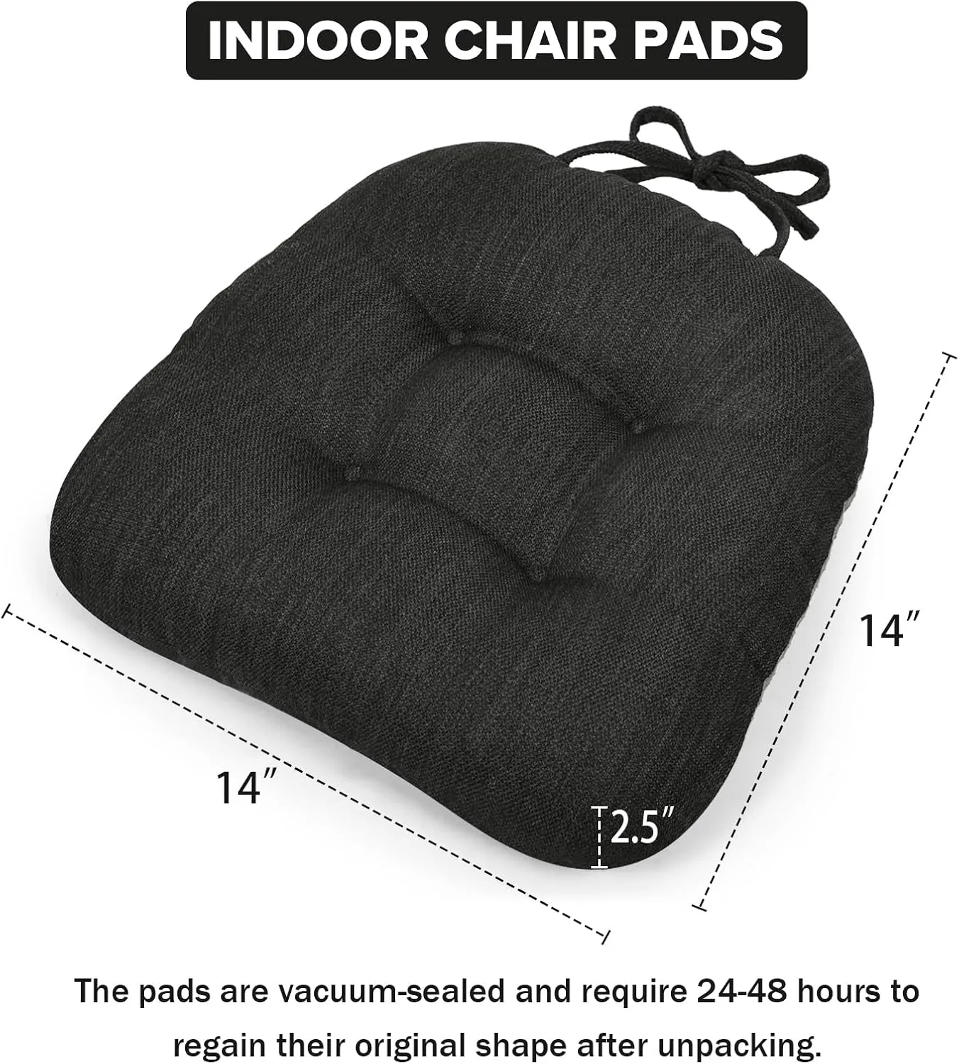 baibu 14×14 Metal Dining Chair Pads with Ties Set of 2, Super Soft Kitchen Chair Cushions Bar Stool Cushions with Non-Slip Bottom - 2 Cushions only (Black, 14×14×2.5in)