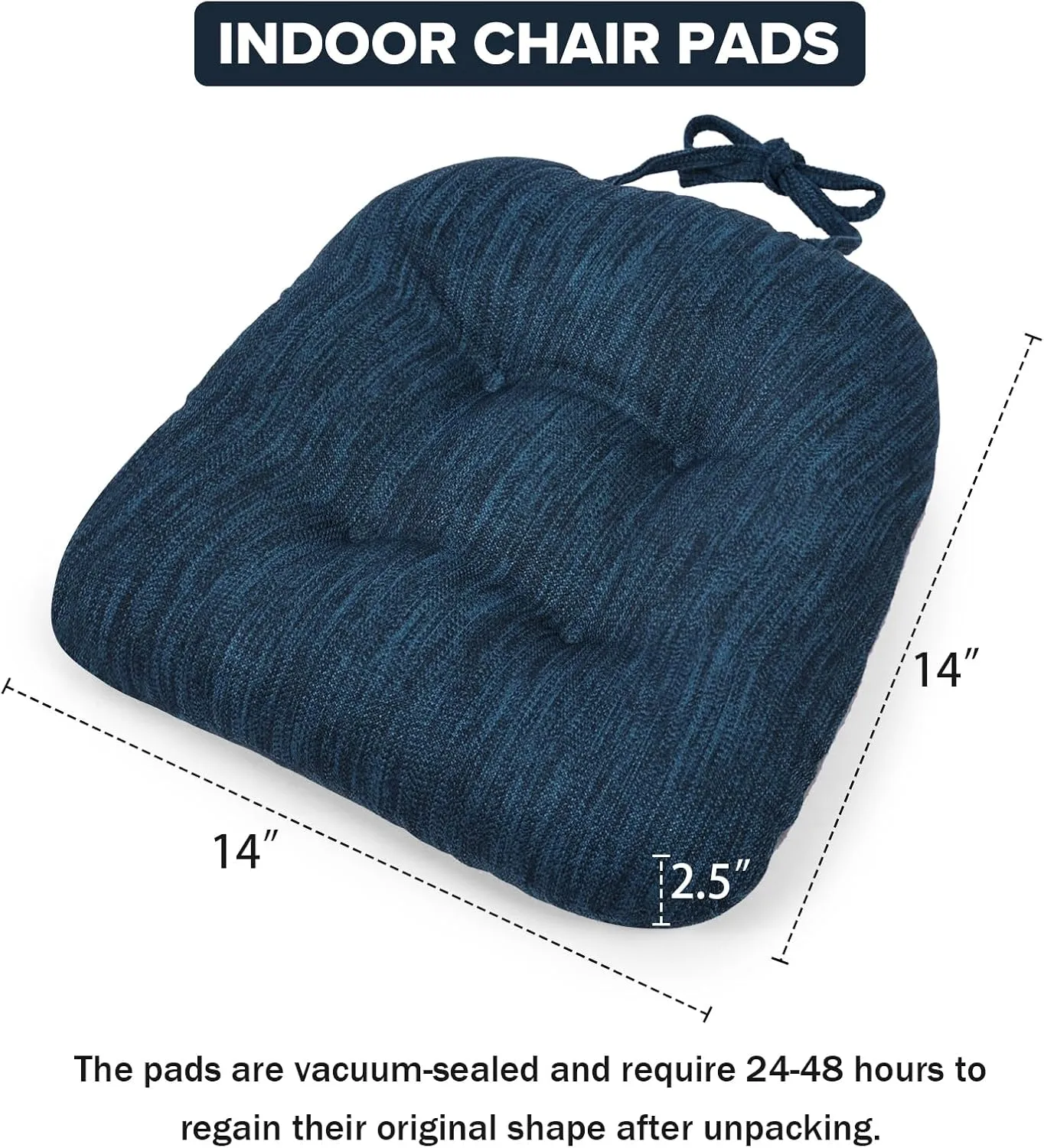 baibu 14×14 Metal Dining Chair Pads with Ties Set of 2, Super Soft Kitchen Chair Cushions Bar Stool Cushions with Non-Slip Bottom - 2 Cushions only (Dark Blue, 14×14×2.5in)