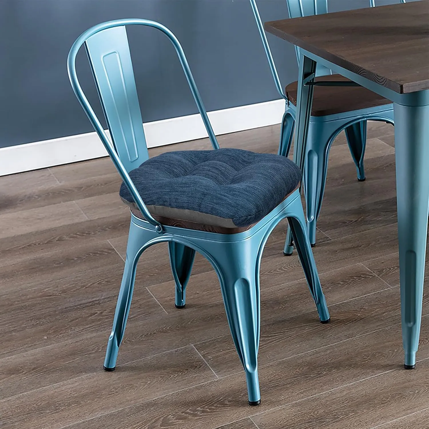 baibu 14×14 Metal Dining Chair Pads with Ties Set of 2, Super Soft Kitchen Chair Cushions Bar Stool Cushions with Non-Slip Bottom - 2 Cushions only (Dark Blue, 14×14×2.5in)