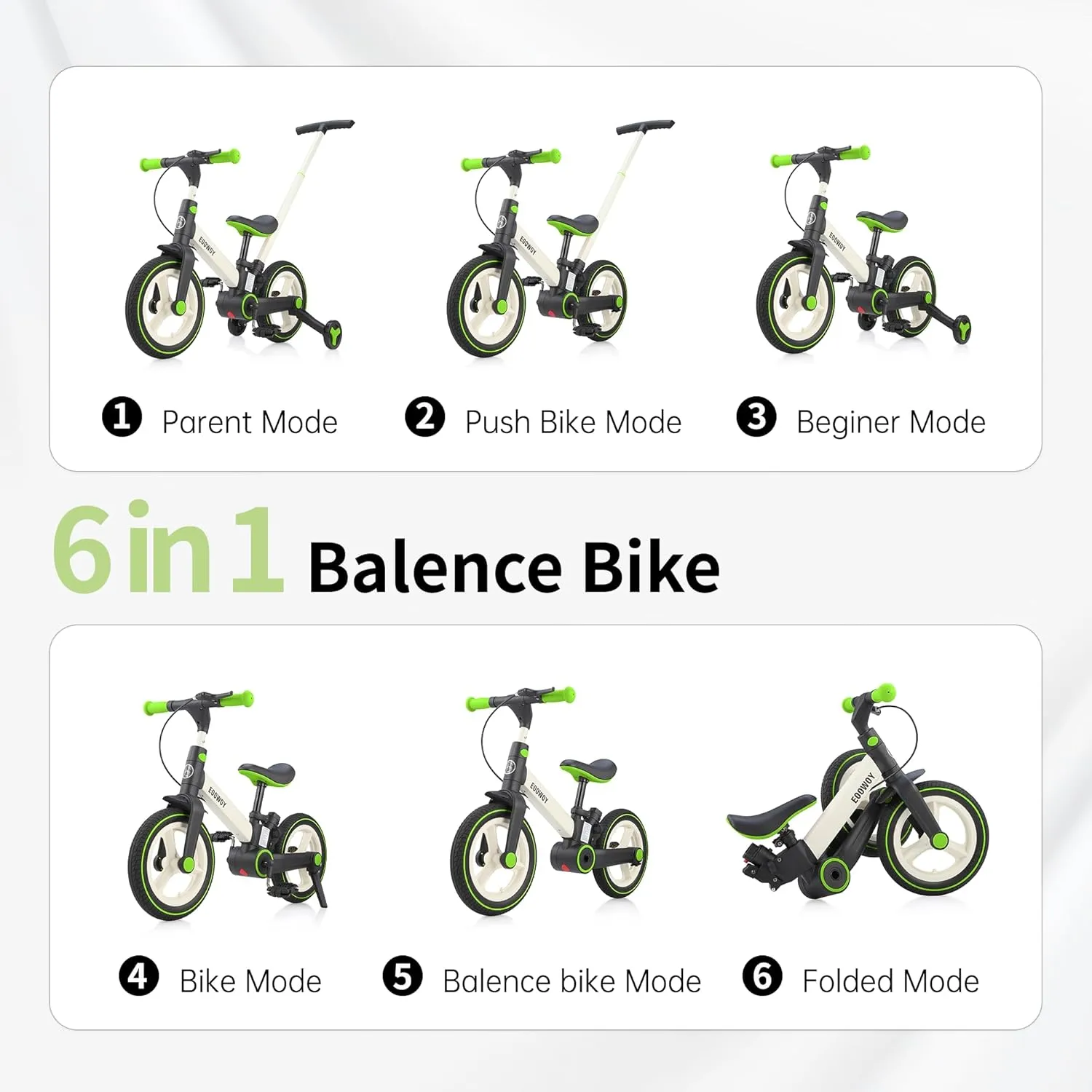 Balance Bike with Push Handle for Kids 18-60 Months, 6 in 1 Foldable Push Bike with Training Wheels & Pedals, Balance Bicycle for Boys and Girls with Brakes & Kickstand