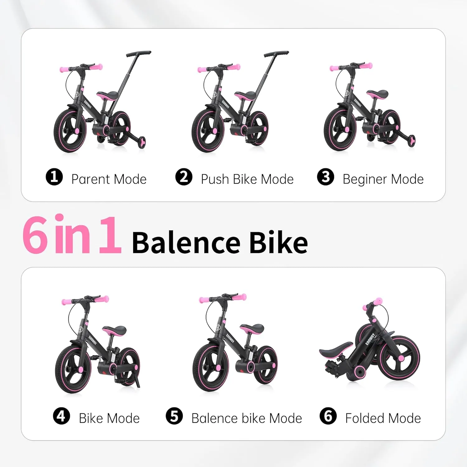 Balance Bike with Push Handle for Kids 18-60 Months, 6 in 1 Foldable Push Bike with Training Wheels & Pedals, Balance Bicycle for Boys and Girls with Brakes & Kickstand