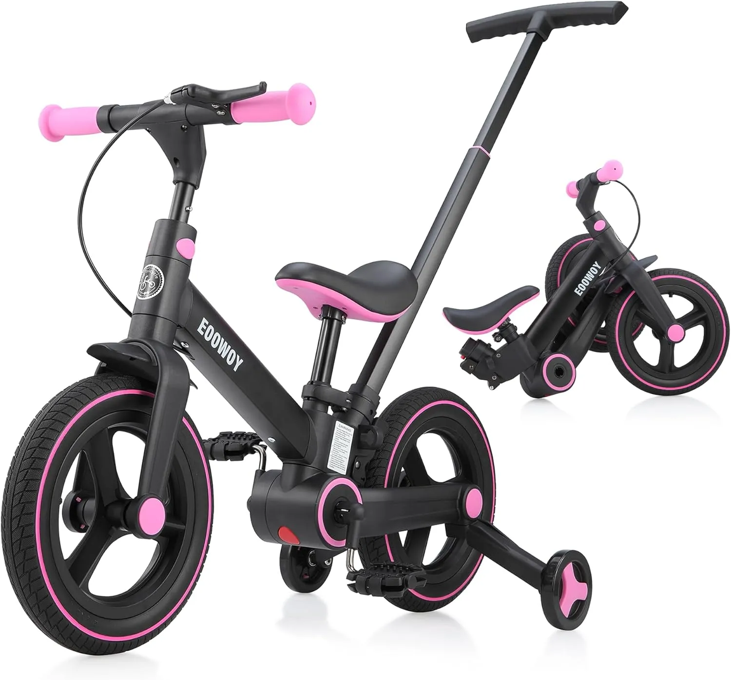 Balance Bike with Push Handle for Kids 18-60 Months, 6 in 1 Foldable Push Bike with Training Wheels & Pedals, Balance Bicycle for Boys and Girls with Brakes & Kickstand