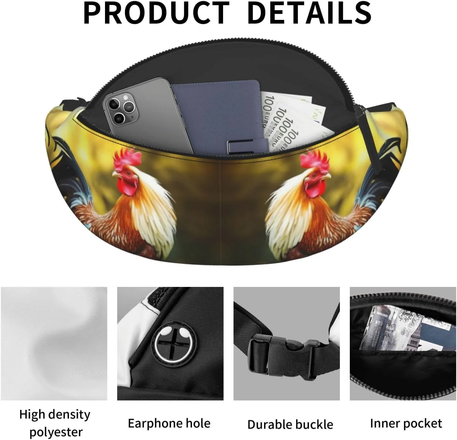 Beautiful Rooster Hen Fanny Pack for Man Women Waist Bag Adjustable Belt Casual Chest Bag Bum Bags for Travel Sports Running Hiking Waist Packs