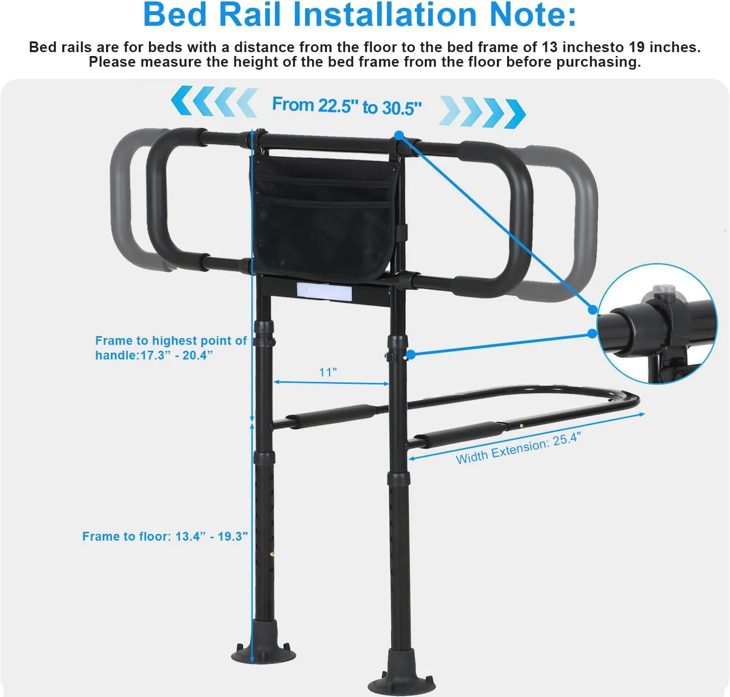 Bed Rails for Elderly Adults Safety: Bed Assist Rail with Adjustable Double Grips, Storage Pocket, Motion Sensor Light, Fits King, Queen, Full, Twin, Can Withstand 400LB (Black)