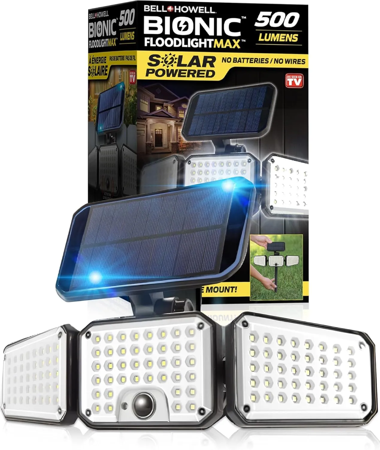 Bell Howell Bionic Flood Light AS SEEN ON TV, 500 Lumen Deluxe Version Bionic Floodlight, LED Solar Flood Lights Outdoor Motion Sensor Waterproof Solar Security Lights with 360° 3 Panel Design