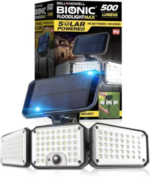 Bell Howell Bionic Flood Light AS SEEN ON TV, 500 Lumen Deluxe Version Bionic Floodlight, LED Solar Flood Lights Outdoor Motion Sensor Waterproof Solar Security Lights with 360° 3 Panel Design