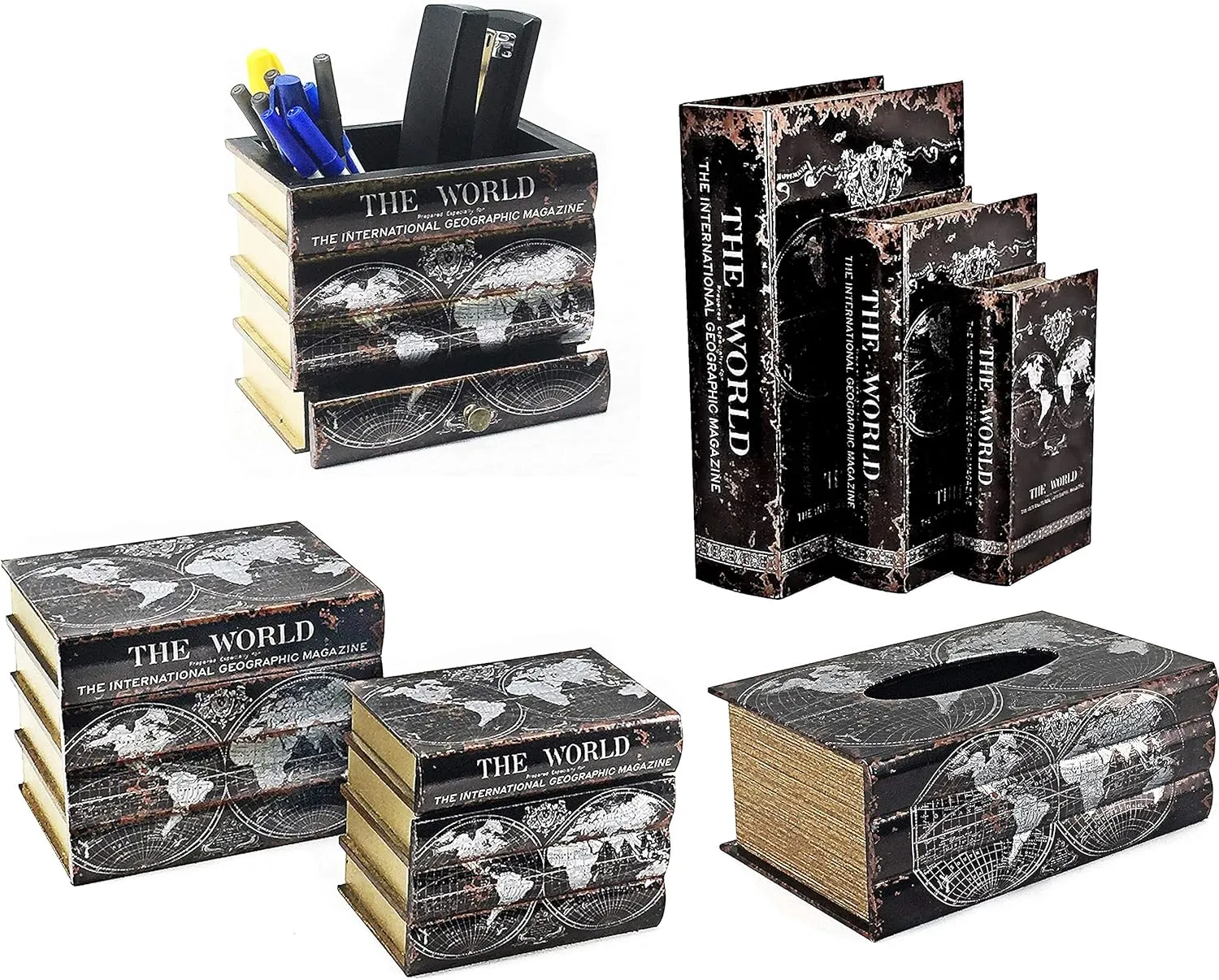 Bellaa 28045 Decorative Book Box Hidden Storage Secret Memory Keepsake Jewelry Trinket Cash Wedding Gift Wood PU Leather Set of 3