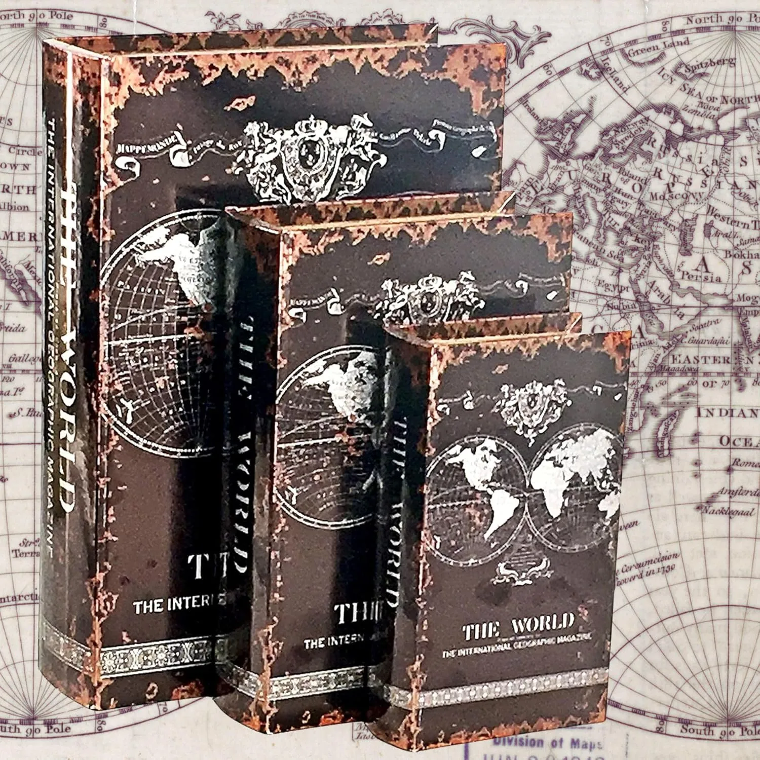 Bellaa 28045 Decorative Book Box Hidden Storage Secret Memory Keepsake Jewelry Trinket Cash Wedding Gift Wood PU Leather Set of 3