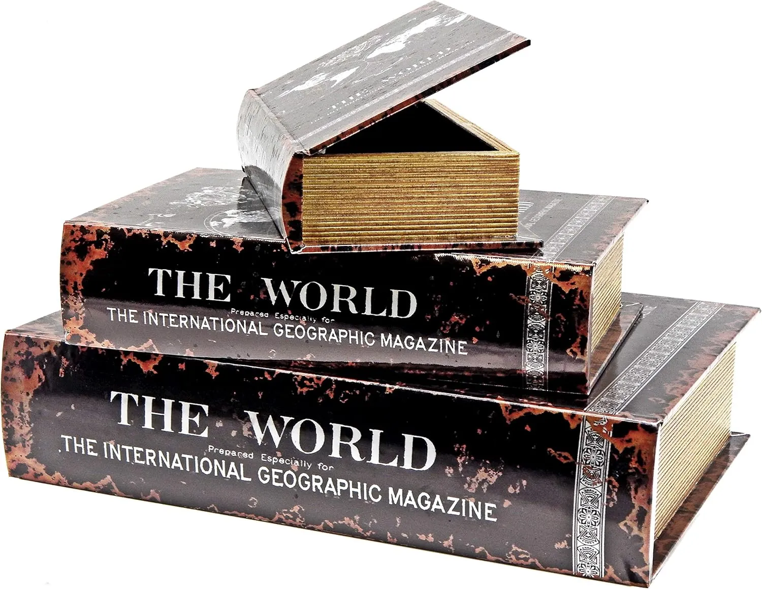 Bellaa 28045 Decorative Book Box Hidden Storage Secret Memory Keepsake Jewelry Trinket Cash Wedding Gift Wood PU Leather Set of 3