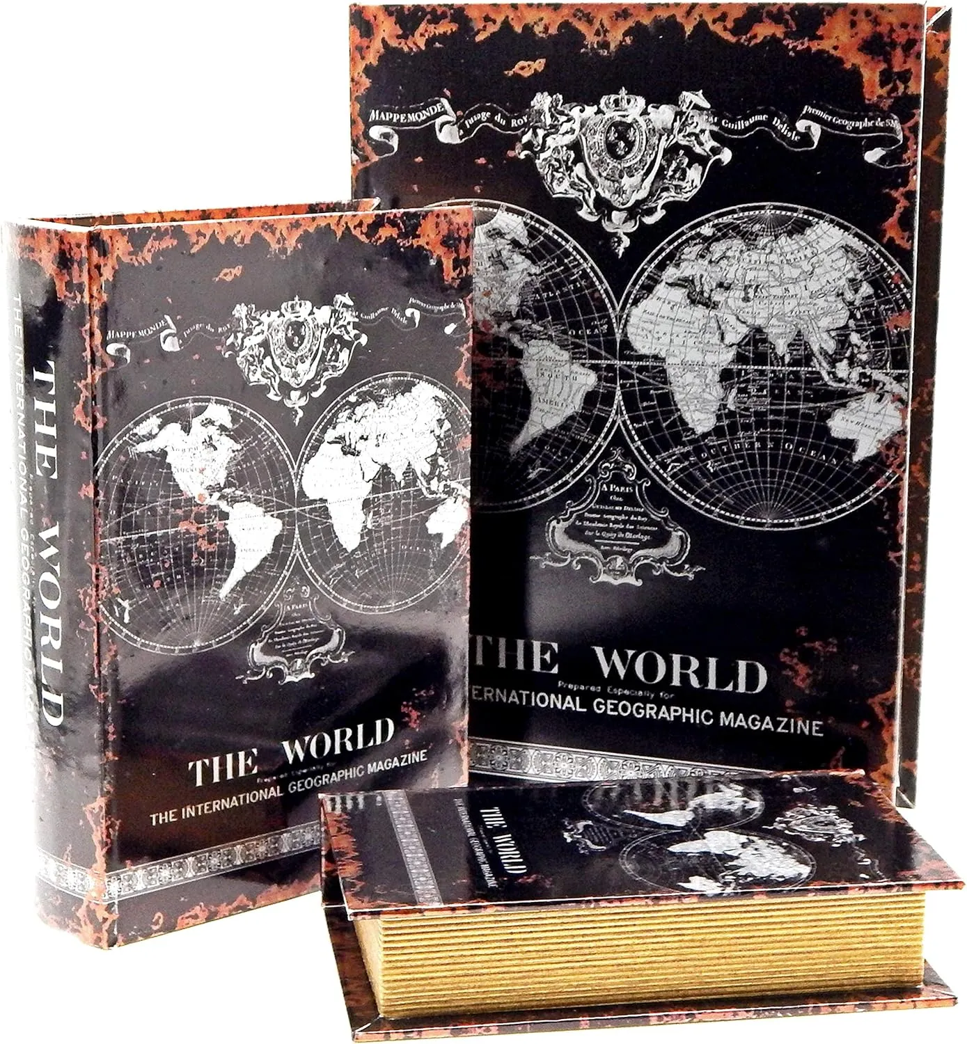Bellaa 28045 Decorative Book Box Hidden Storage Secret Memory Keepsake Jewelry Trinket Cash Wedding Gift Wood PU Leather Set of 3