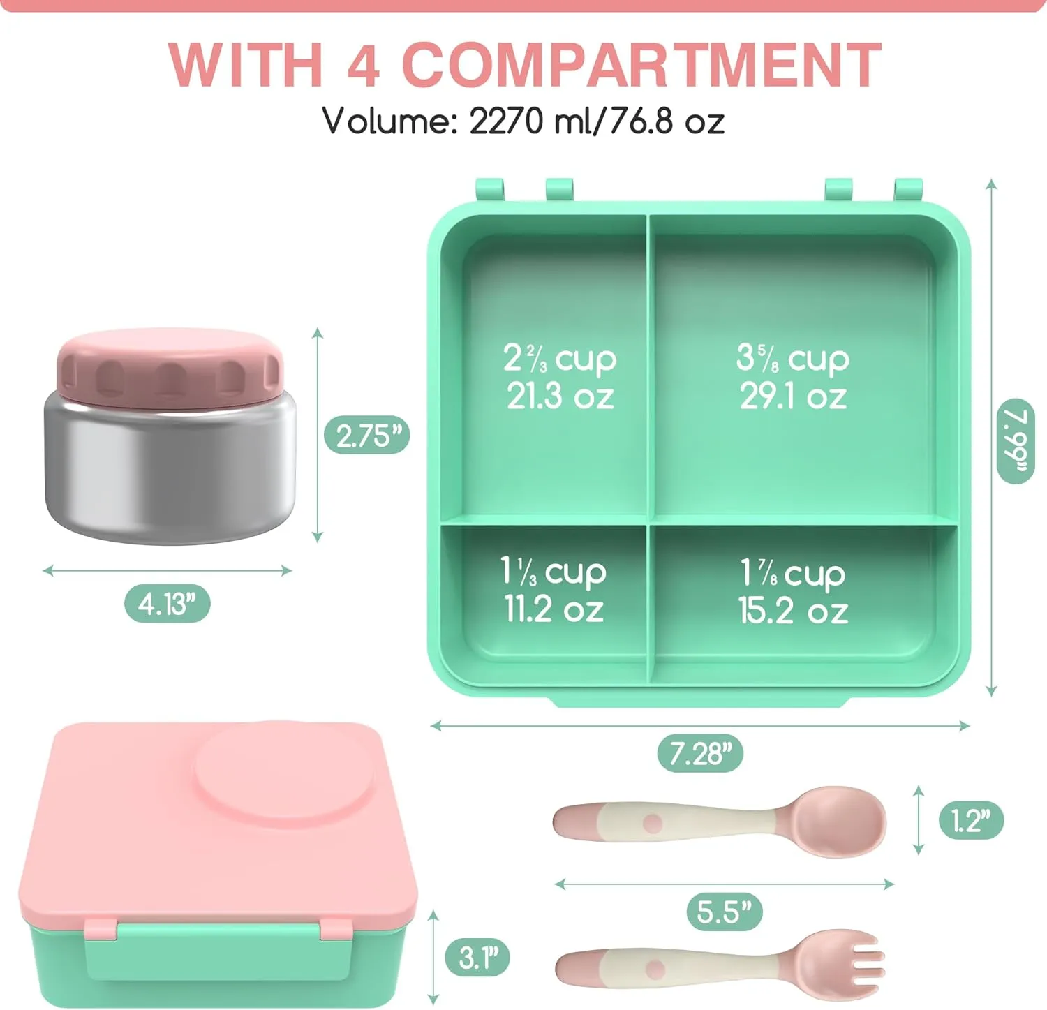 Bento Box for Kids, Bento Box Adult Lunch Box with Utensils, Stainless Steel Thermos Soup Jar, Reusable Snack Containers for School, Work, Travel, BPA-Free, Easy to Clean (Light pink)