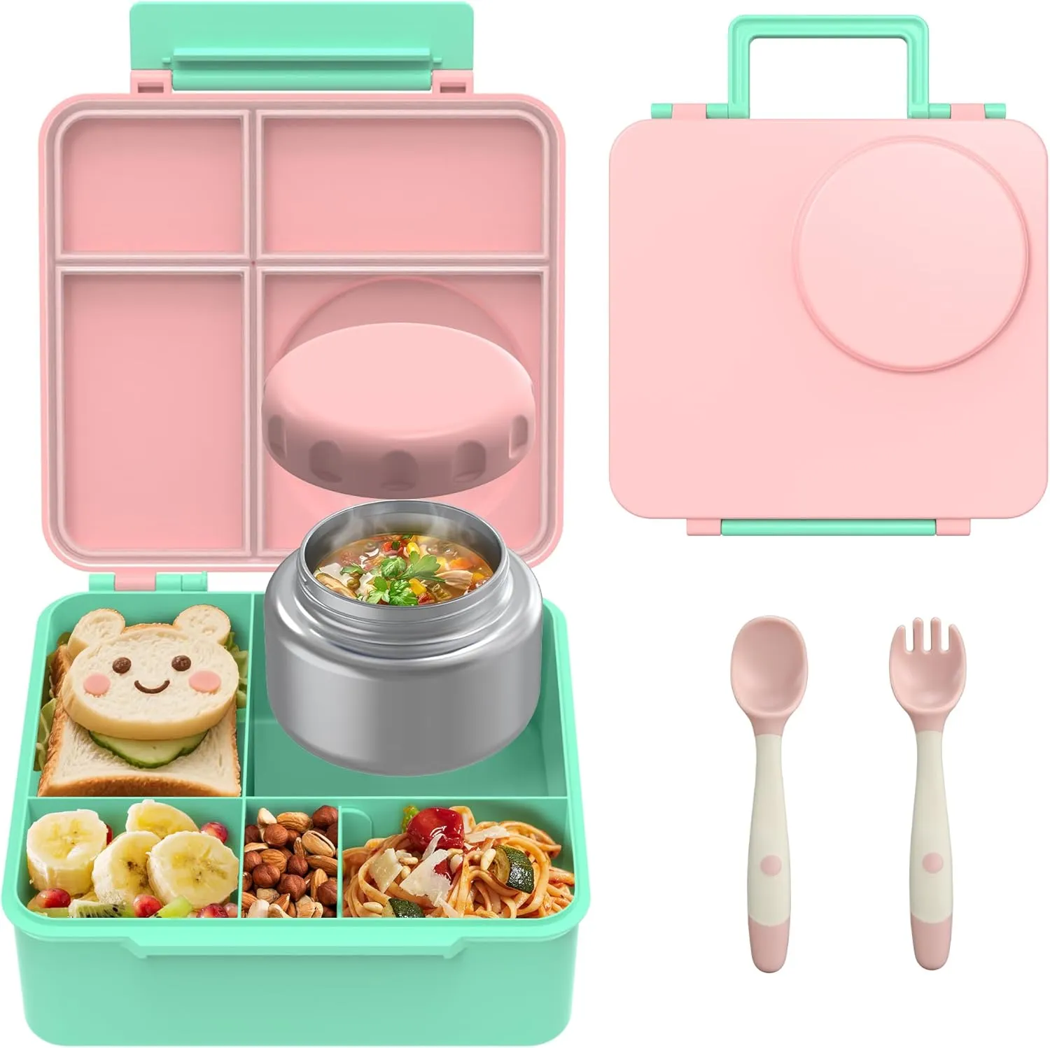 Bento Box for Kids, Bento Box Adult Lunch Box with Utensils, Stainless Steel Thermos Soup Jar, Reusable Snack Containers for School, Work, Travel, BPA-Free, Easy to Clean (Light pink)