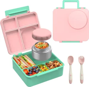 Bento Box for Kids, Bento Box Adult Lunch Box with Utensils, Stainless Steel Thermos Soup Jar, Reusable Snack Containers for School, Work, Travel, BPA-Free, Easy to Clean (Light pink)