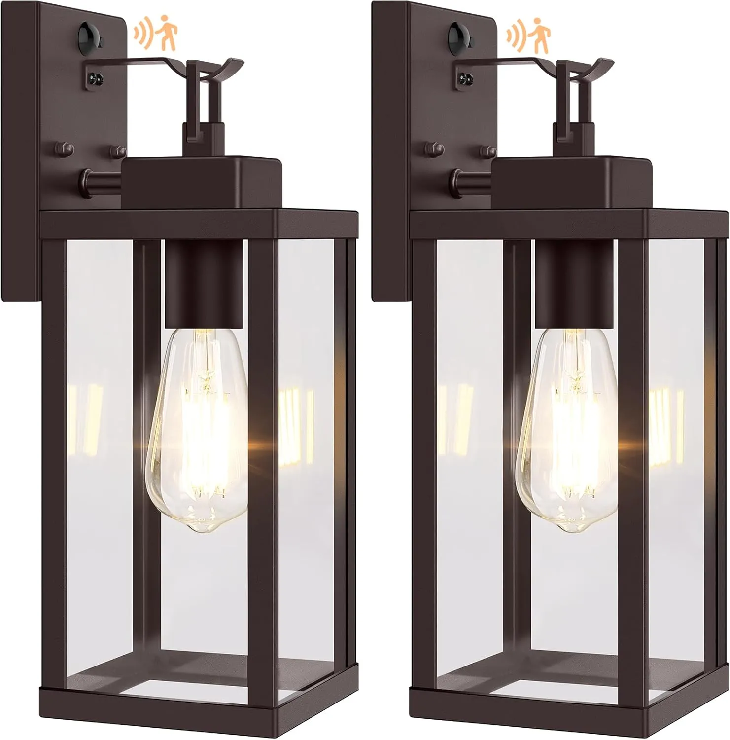 BesLowe 14” Upgraded Motion Sensor Outdoor Wall Lights, Dusk to Dawn Porch Lights Outdoor Wall Sconces, 3 Lighting Modes Exterior Lighting Fixtures with Hooks, Brown Outside Lights for House, 2-Pack