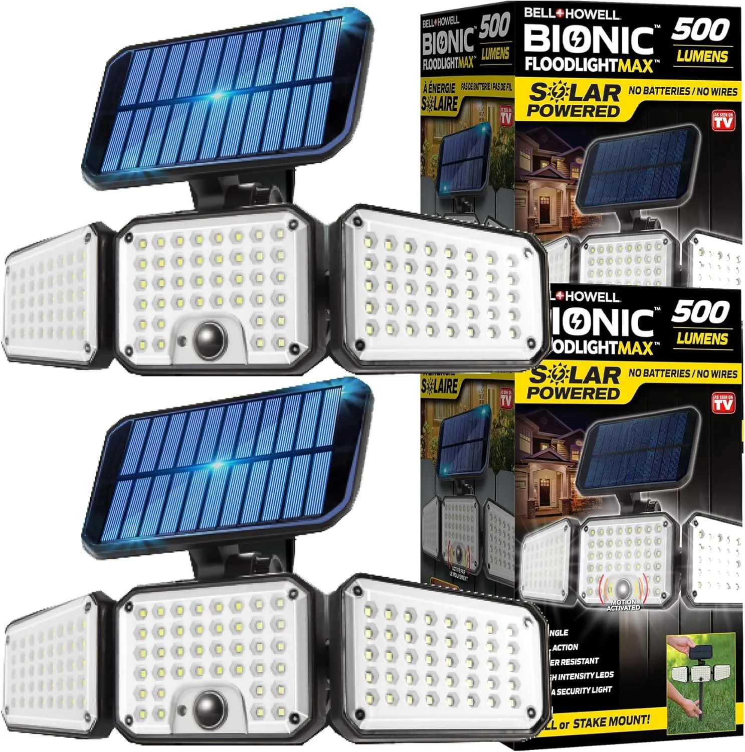 Bionic Flood Light Max 2 Pk, Super Bright 500 Lumen LED Solar Motion Sensor Outdoor Lights - 360 3 Panel Design
