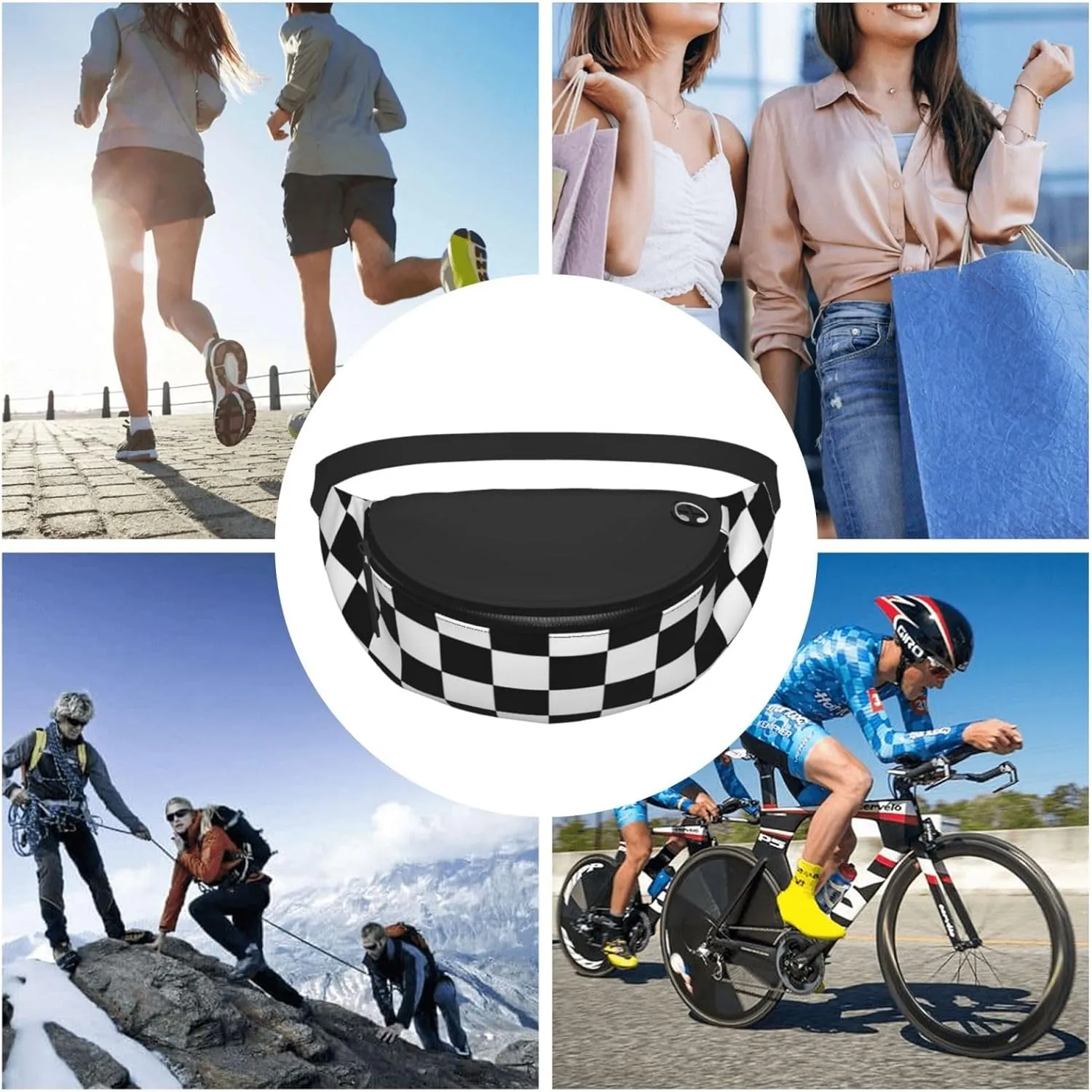 Black and white checkered Fanny Pack for Man Women Waist Bag Adjustable Belt Casual Chest Bag Bum Bags for Travel Sports Running Hiking Waist Packs