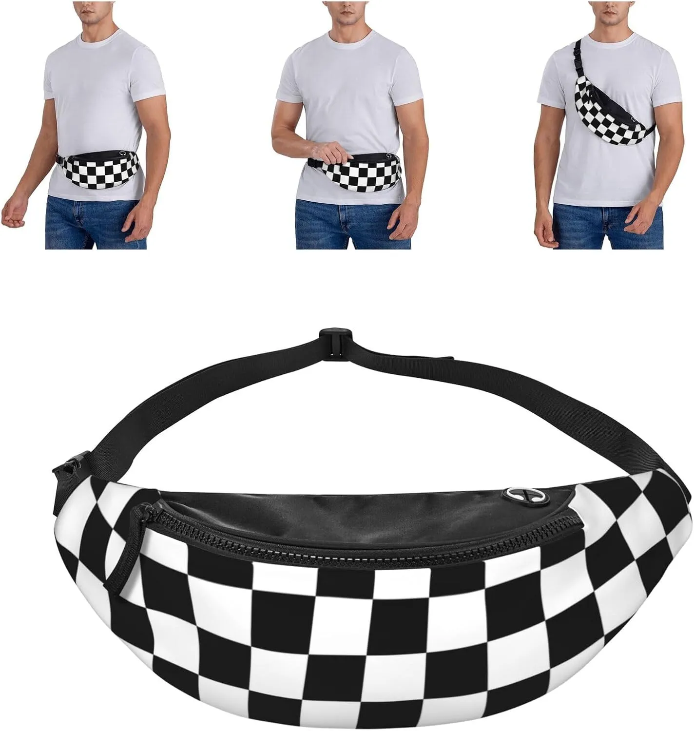 Black and white checkered Fanny Pack for Man Women Waist Bag Adjustable Belt Casual Chest Bag Bum Bags for Travel Sports Running Hiking Waist Packs