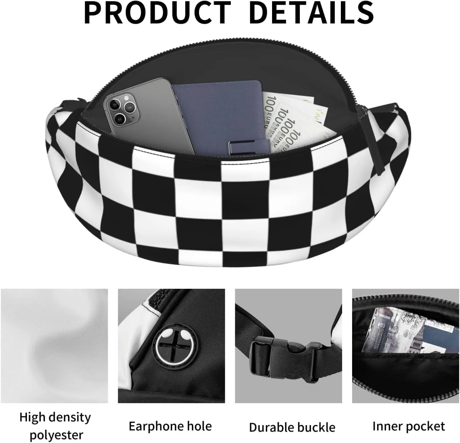 Black and white checkered Fanny Pack for Man Women Waist Bag Adjustable Belt Casual Chest Bag Bum Bags for Travel Sports Running Hiking Waist Packs