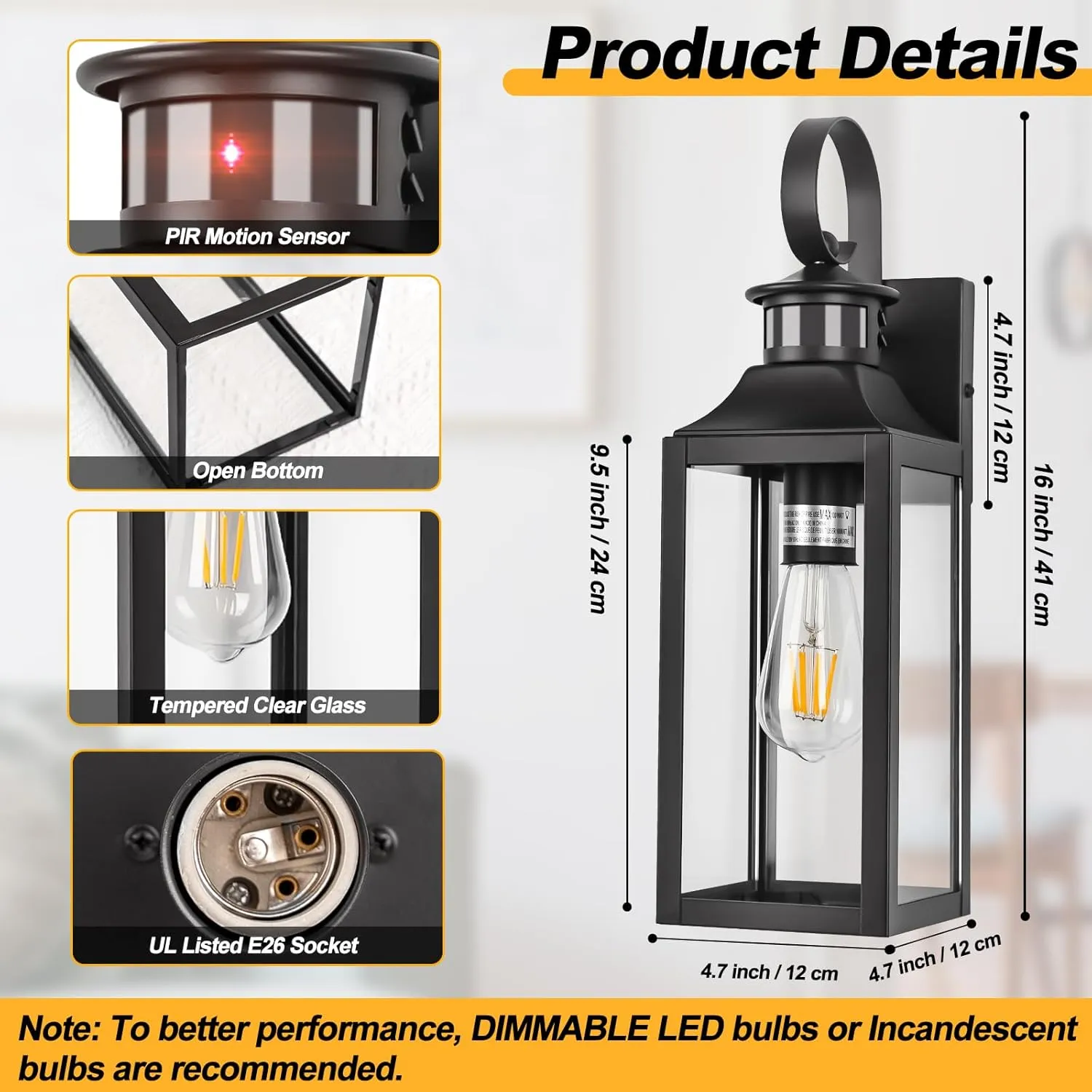 Black Motion Sensor Outdoor Light, 16" Dusk to Dawn Outdoor Lighting, Exterior Wall Sconce Waterproof, Large Outside Lamps for House, Modern Wall Mount Porch Lanterns 3 Modes, 1 Pack