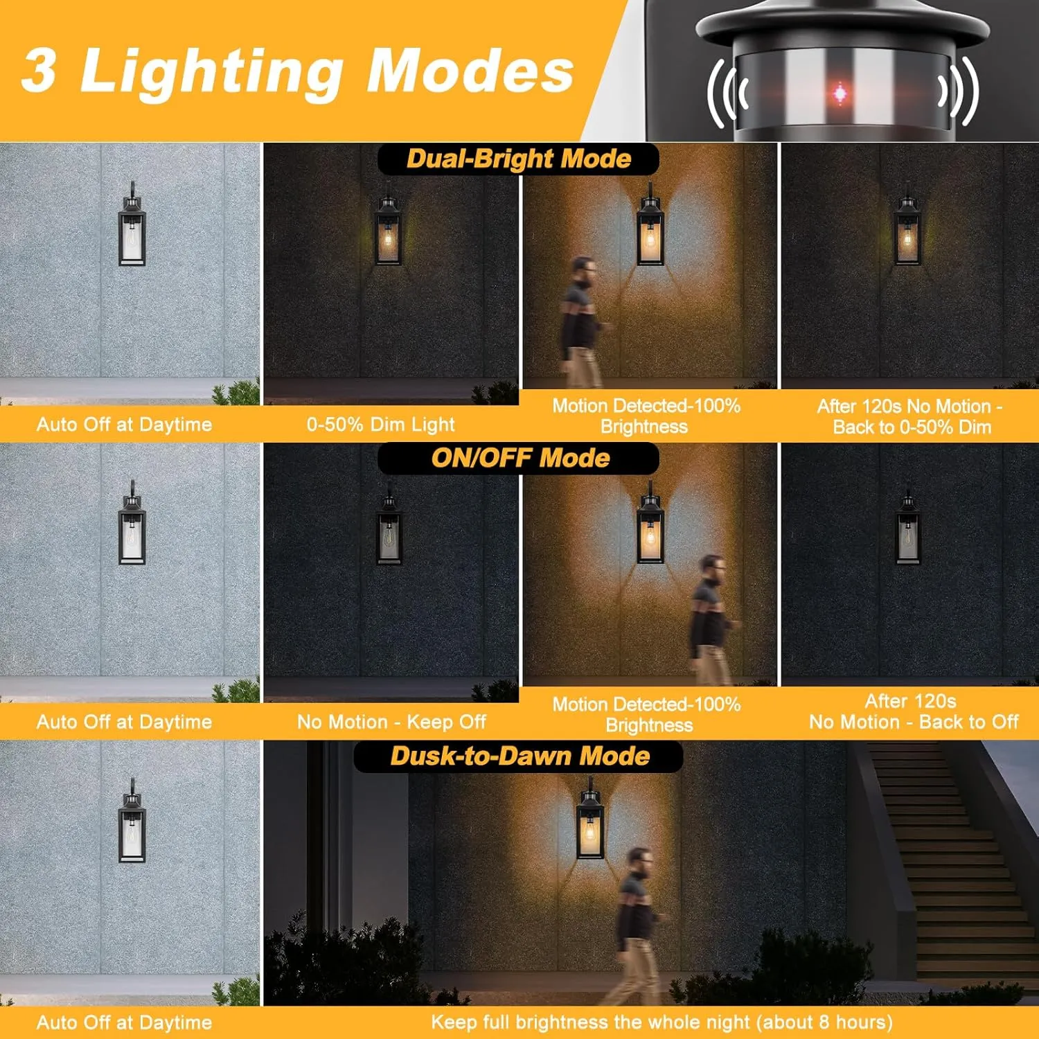 Black Motion Sensor Outdoor Light, 16" Dusk to Dawn Outdoor Lighting, Exterior Wall Sconce Waterproof, Large Outside Lamps for House, Modern Wall Mount Porch Lanterns 3 Modes, 1 Pack