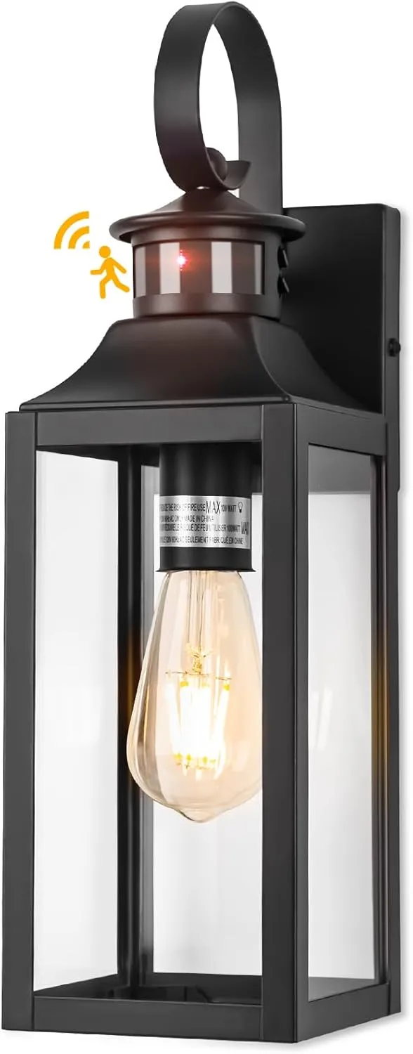 Black Motion Sensor Outdoor Light, 16" Dusk to Dawn Outdoor Lighting, Exterior Wall Sconce Waterproof, Large Outside Lamps for House, Modern Wall Mount Porch Lanterns 3 Modes, 1 Pack