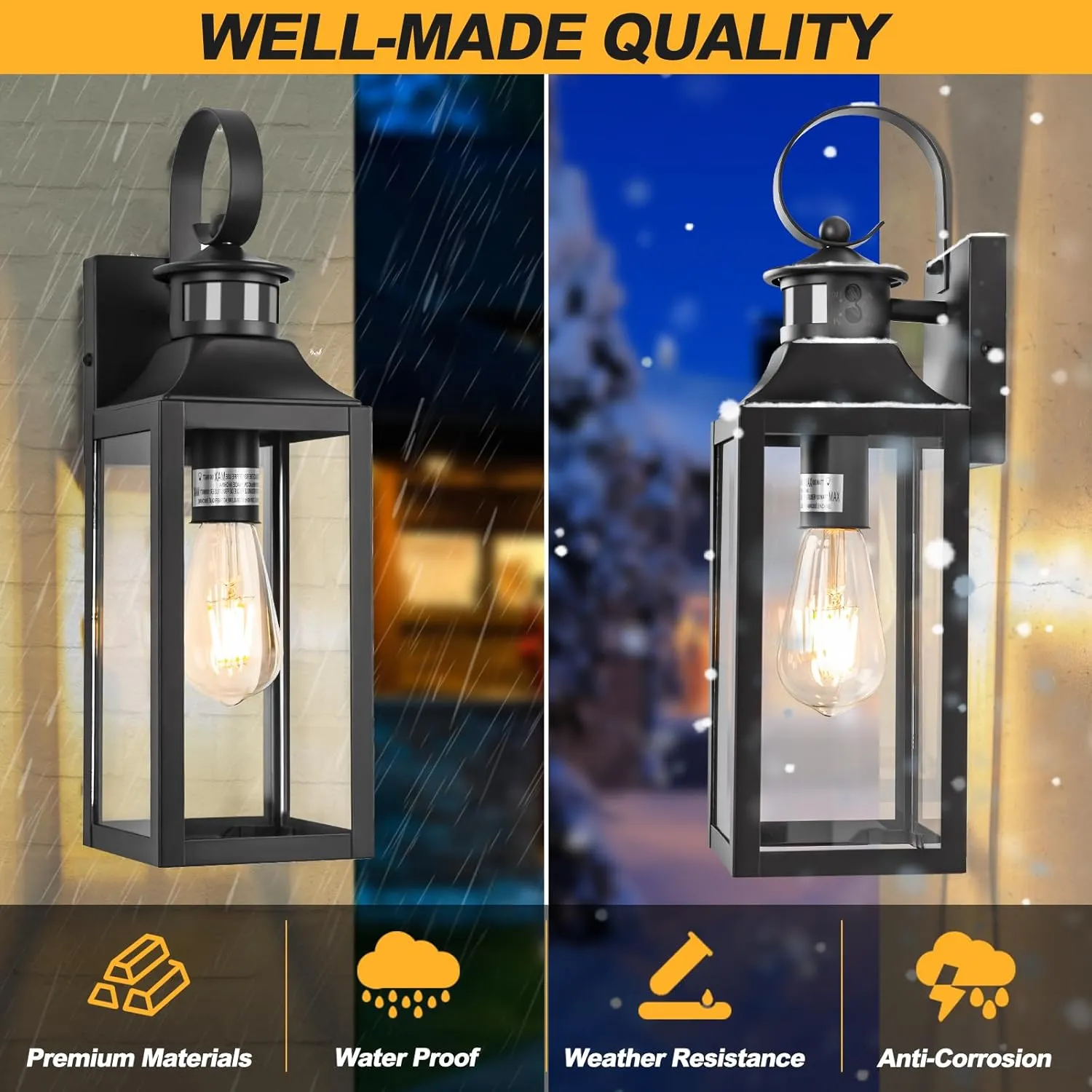 Black Motion Sensor Outdoor Light, 16" Dusk to Dawn Outdoor Lighting, Exterior Wall Sconce Waterproof, Large Outside Lamps for House, Modern Wall Mount Porch Lanterns 3 Modes, 1 Pack